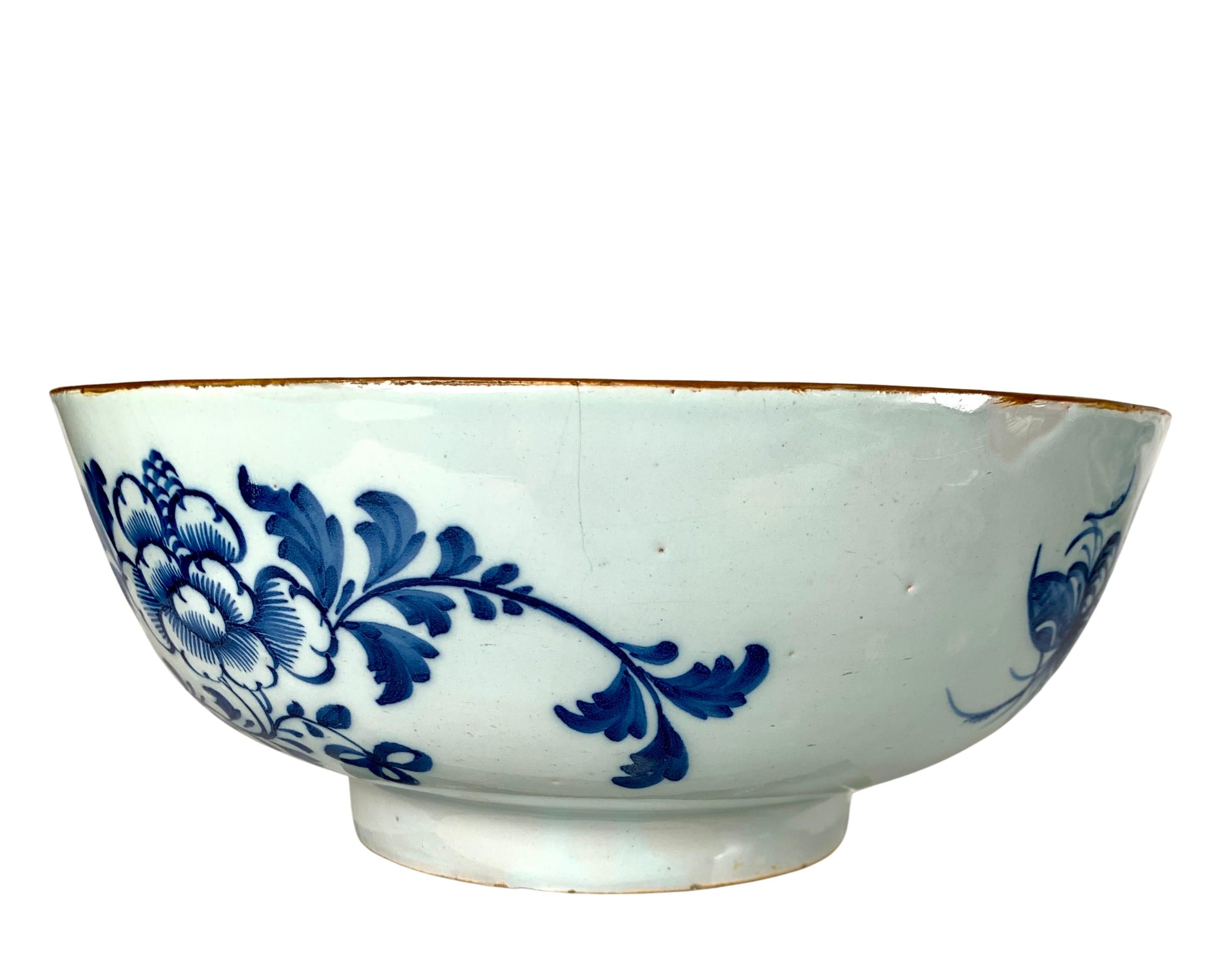 Blue and White Delft Punch Bowl Hand Painted Mid 18th Century Netherlands In Fair Condition For Sale In Katonah, NY
