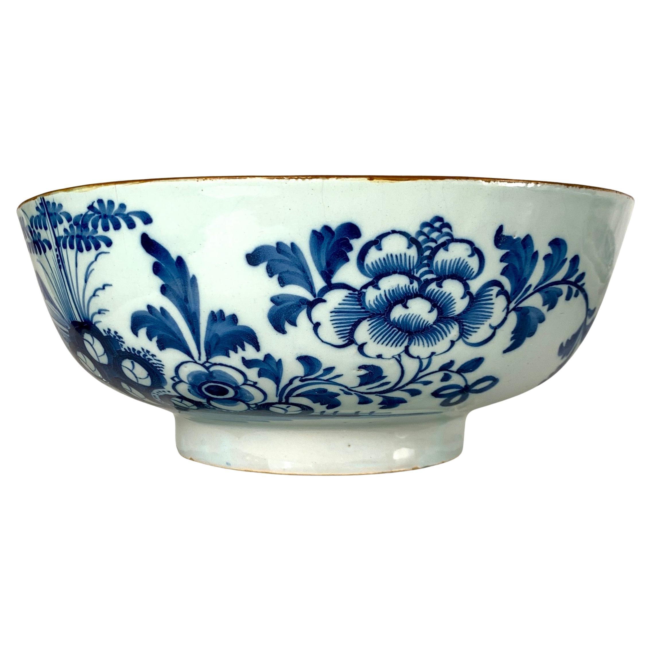 Blue and White Delft Punch Bowl Hand Painted Mid 18th Century Netherlands For Sale