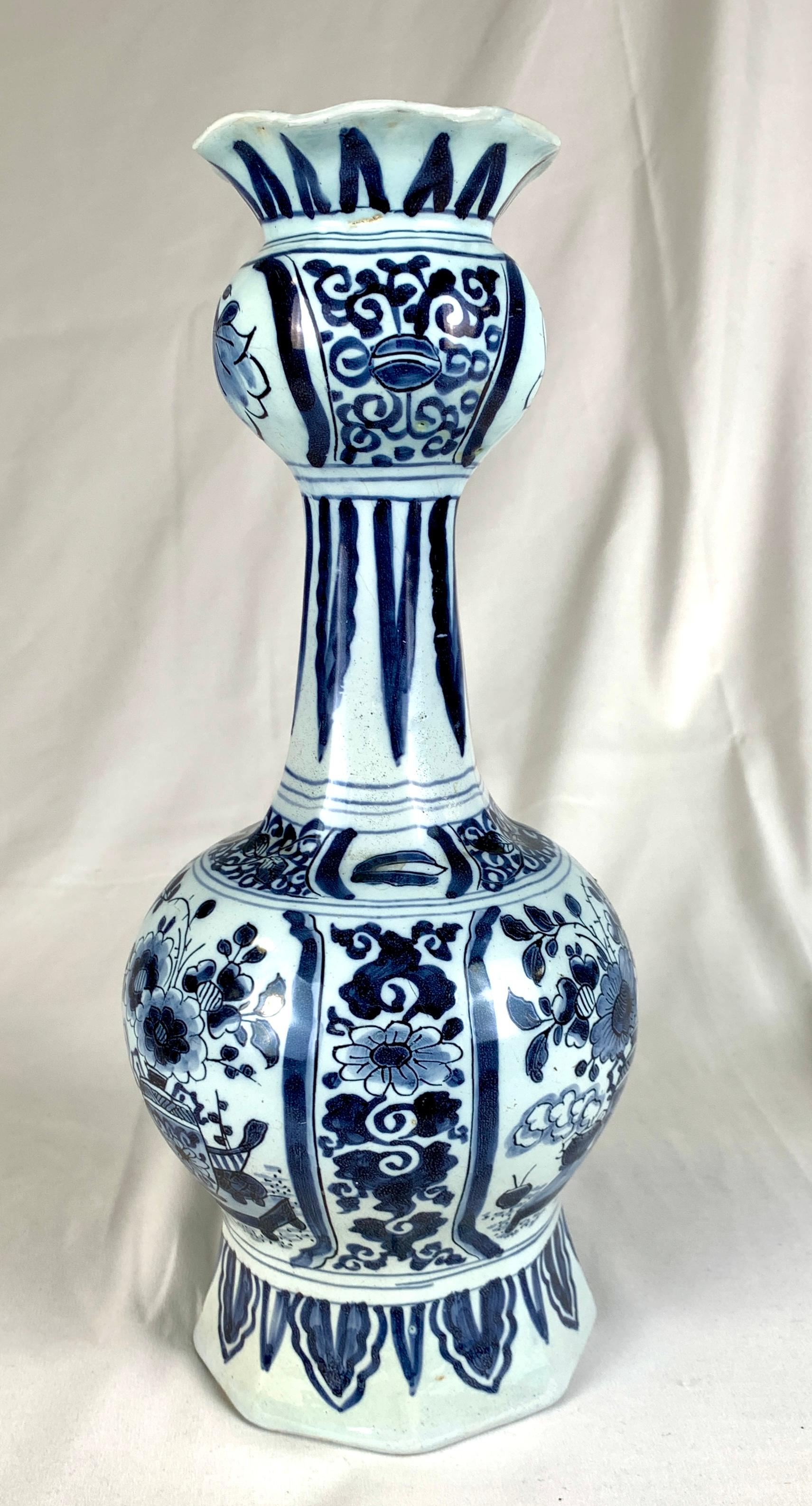 Rococo Blue and White Delft Vase Hand Painted 18th Century Netherlands, circa 1760 For Sale