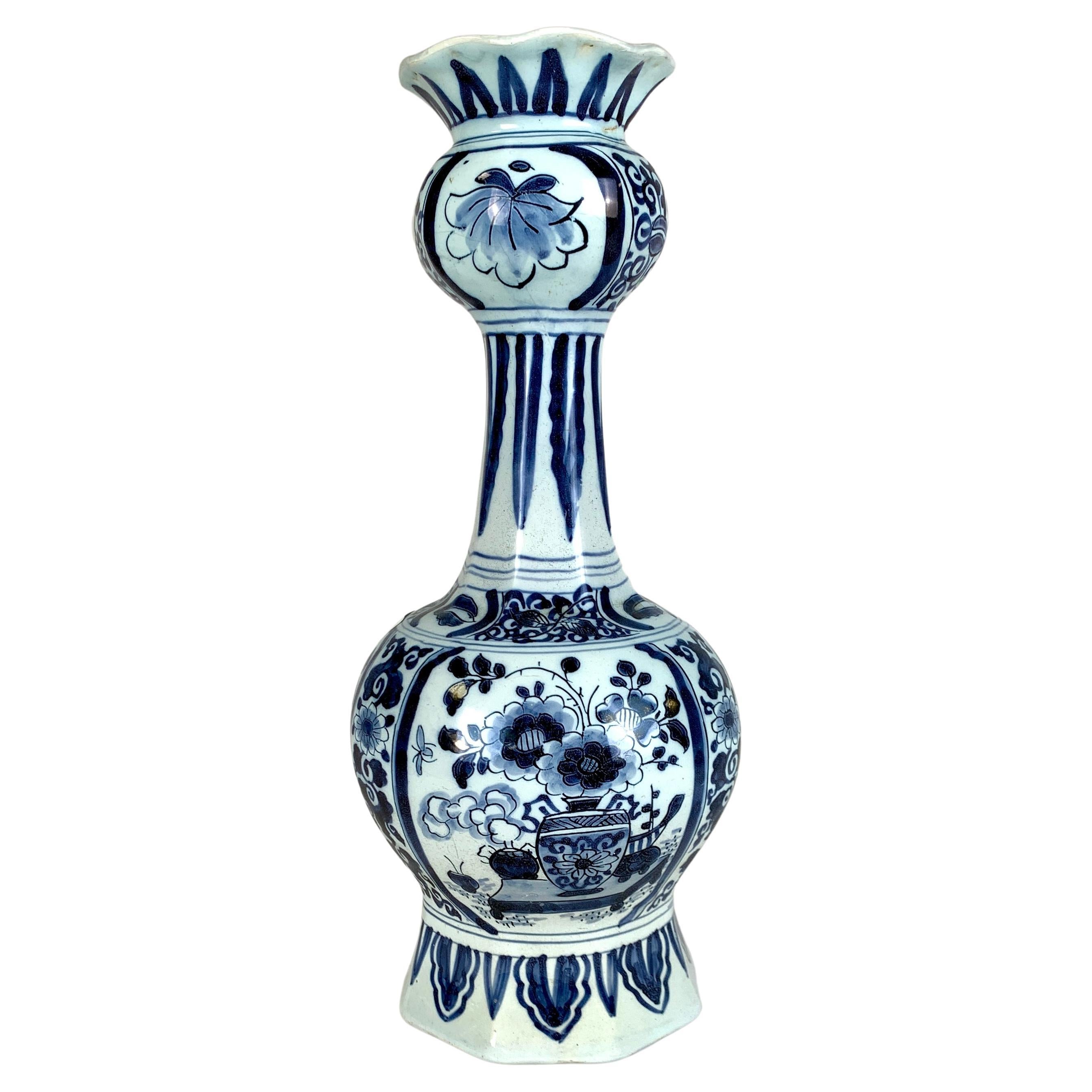 Blue and White Delft Vase Hand Painted 18th Century Netherlands, circa 1760 For Sale