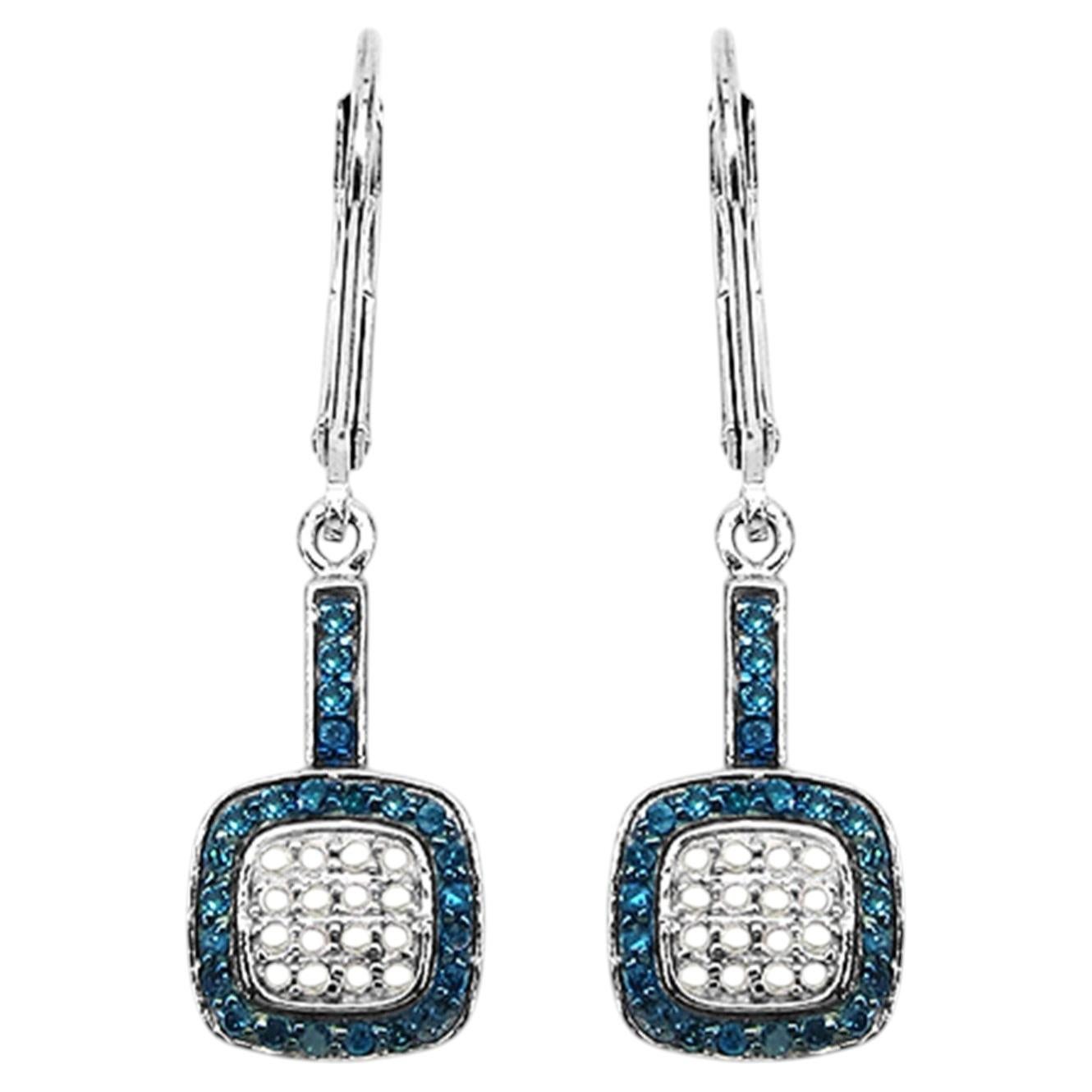 Blue and White Diamond Cluster Earrings 0.4 Carats Sterling Silver For Sale