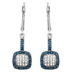 Blue and White Diamond Cluster Earrings 0.4 Carats Sterling Silver