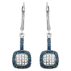 Blue and White Diamond Cluster Earrings 0.4 Carats Sterling Silver