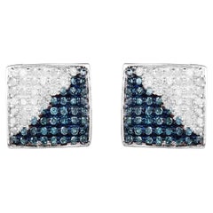 Blue and White Diamond Cluster Earrings 0.64 Carats Sterling Silver