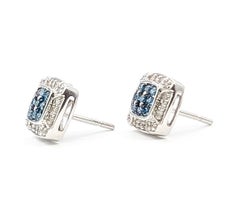 Blue and White Diamond Cluster Stud Earrings in 10k White Gold