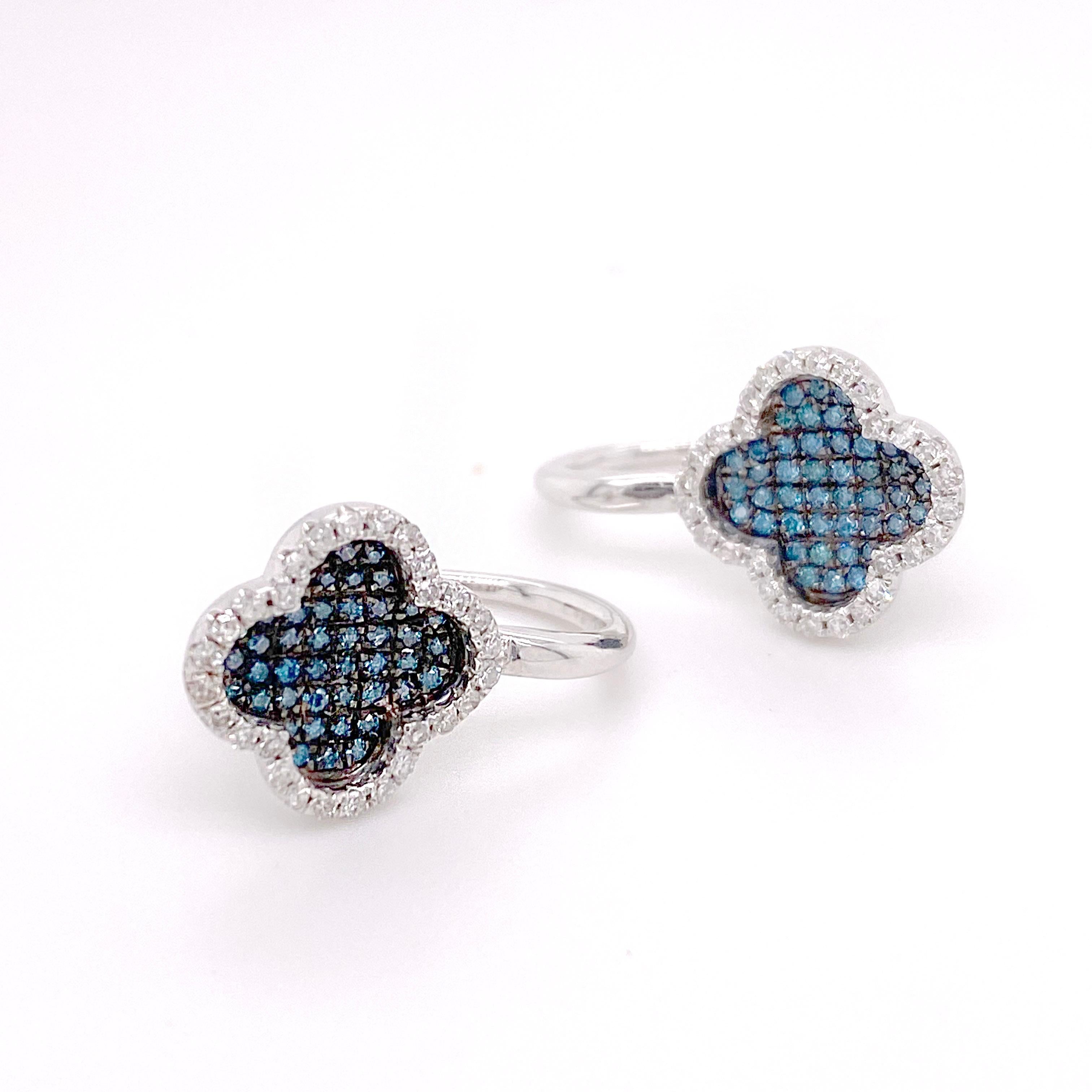 Contemporary Blue and White Diamond Dangle Earrings, Pave Diamond, White Gold Lever-Back For Sale