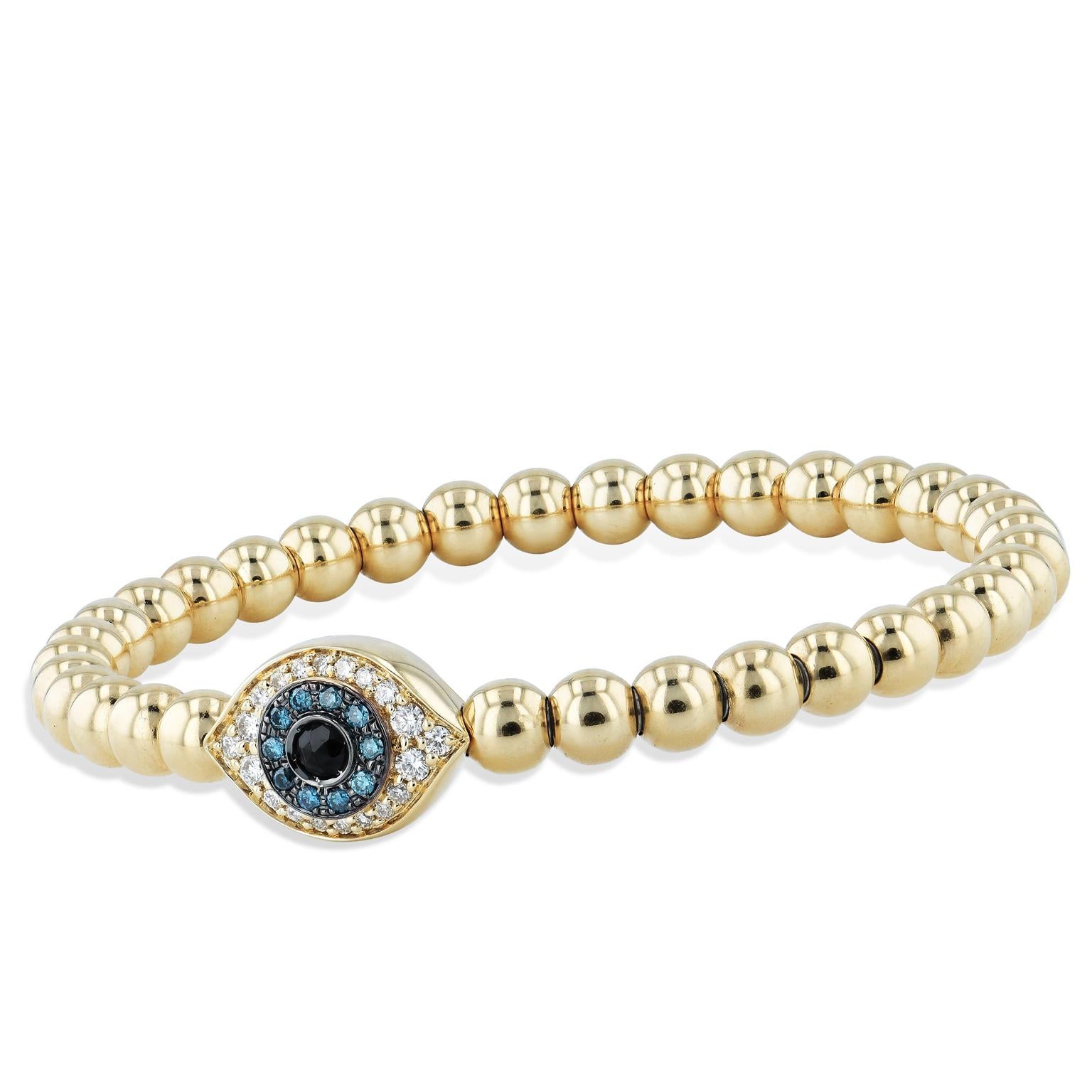 Five millimeter 14 karat yellow gold beads all strung together in a bracelet, this Evil Eye piece will watch over you with the help of 0.25 carat pave-set white diamonds, 0.10 carat blue diamonds, all surrounding  a 0.12 carat rose cut black zircon