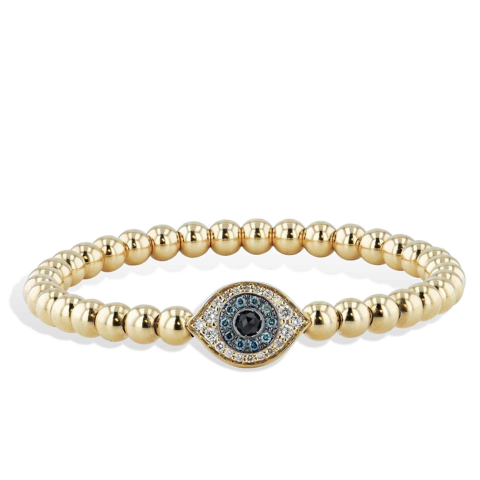 Blue and White Diamond Evil Eye Yellow Gold Bracelet In Excellent Condition In Miami, FL