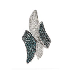 Blue and White Diamond Flower Ring 14K White Gold Natural Diamonds