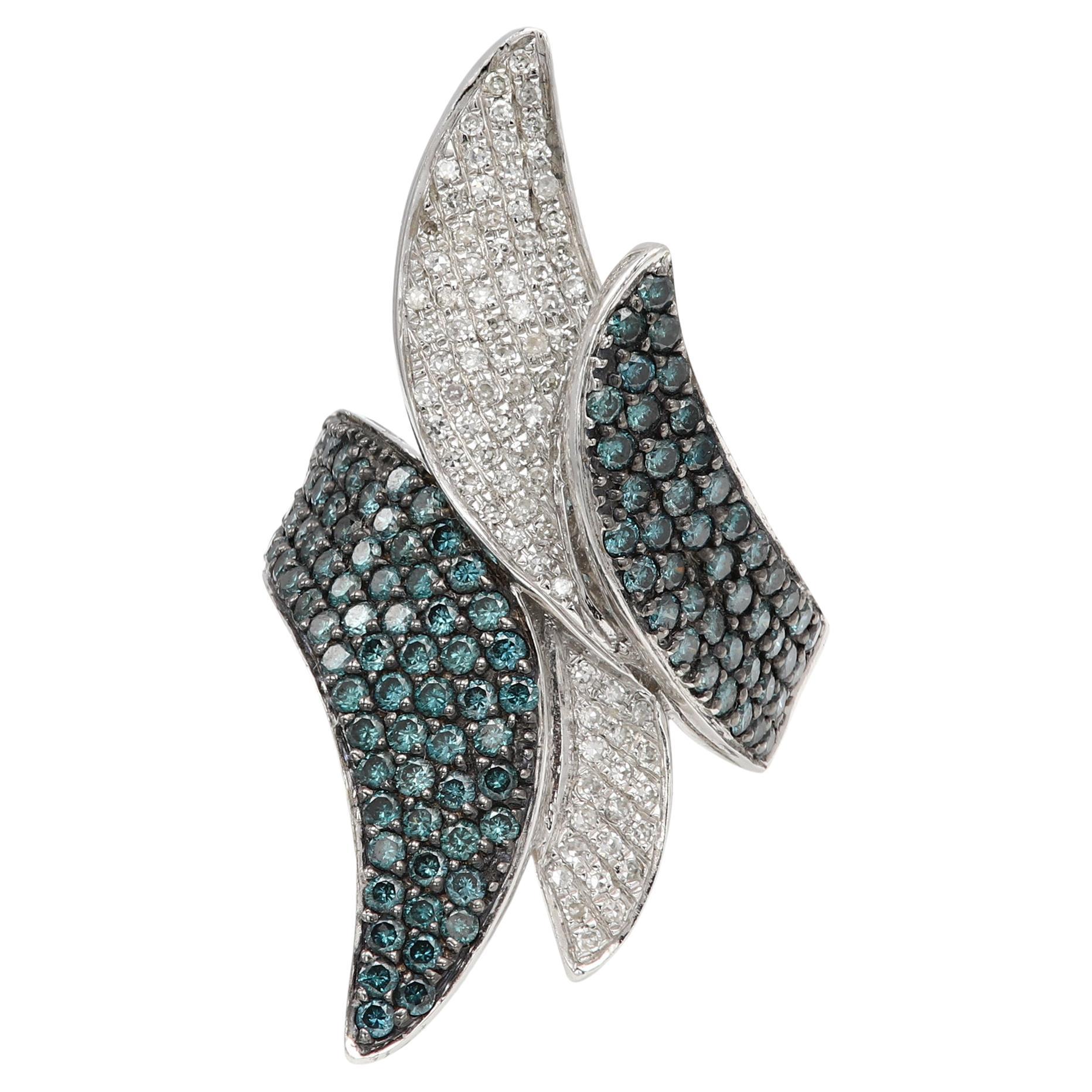 Blue and White Diamond Flower Ring 14K White Gold Natural Diamonds For Sale