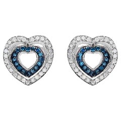 Blue and White Diamond Heart Earrings 0.42 Carats Sterling Silver