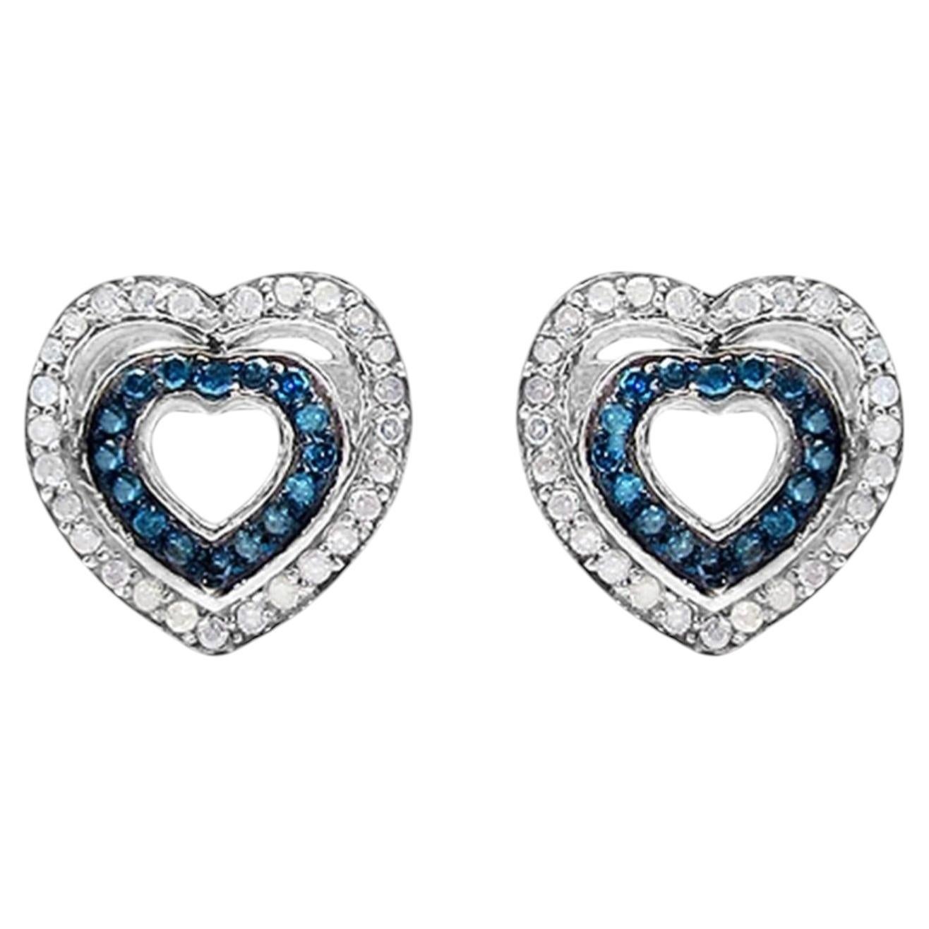 Blue and White Diamond Heart Earrings 0.42 Carats Sterling Silver
