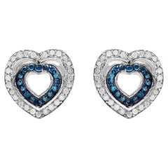 Blue and White Diamond Heart Earrings 0.42 Carats Sterling Silver