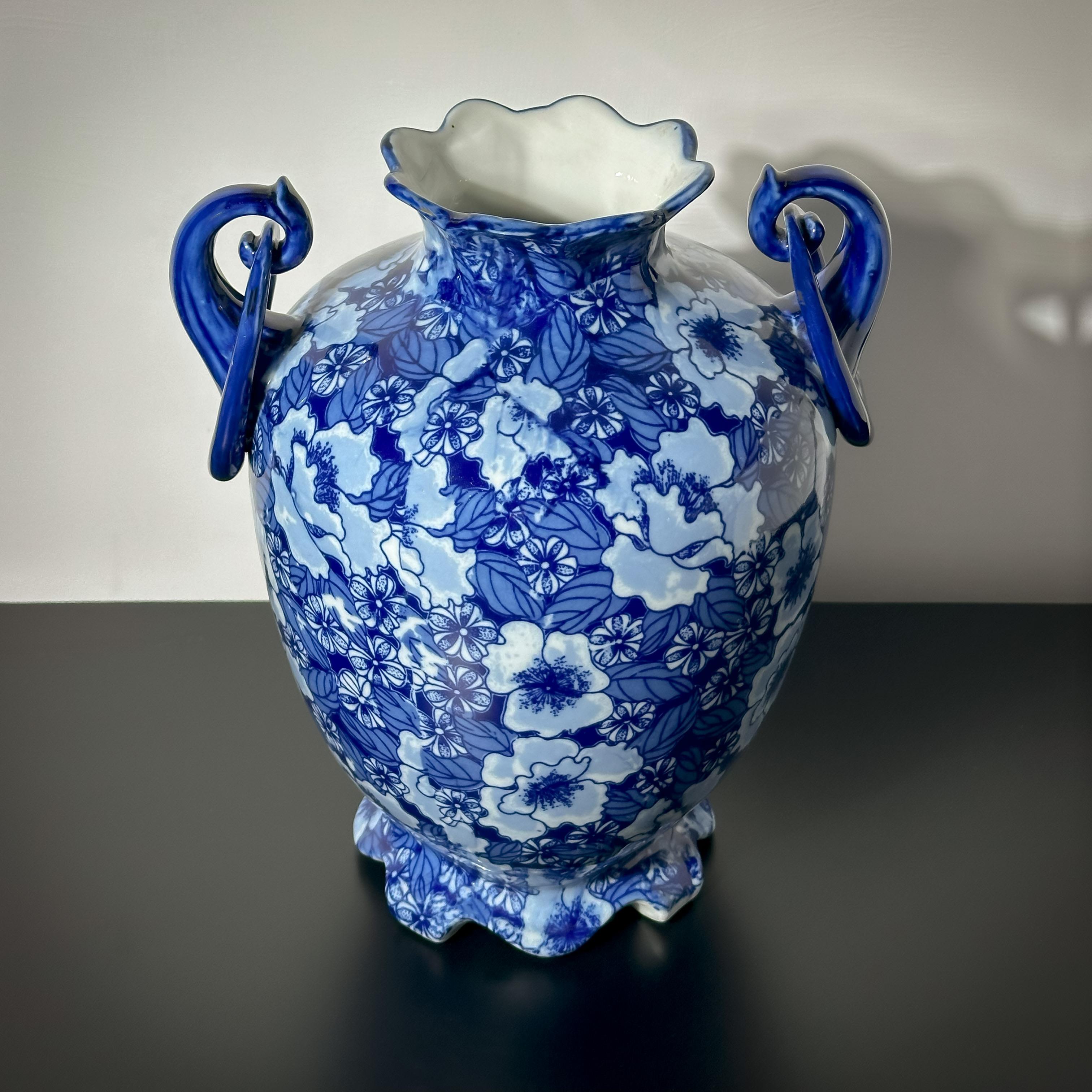 British Cobalt Blue and White Double-Handled Urn Vase, Regency Ironstone, England