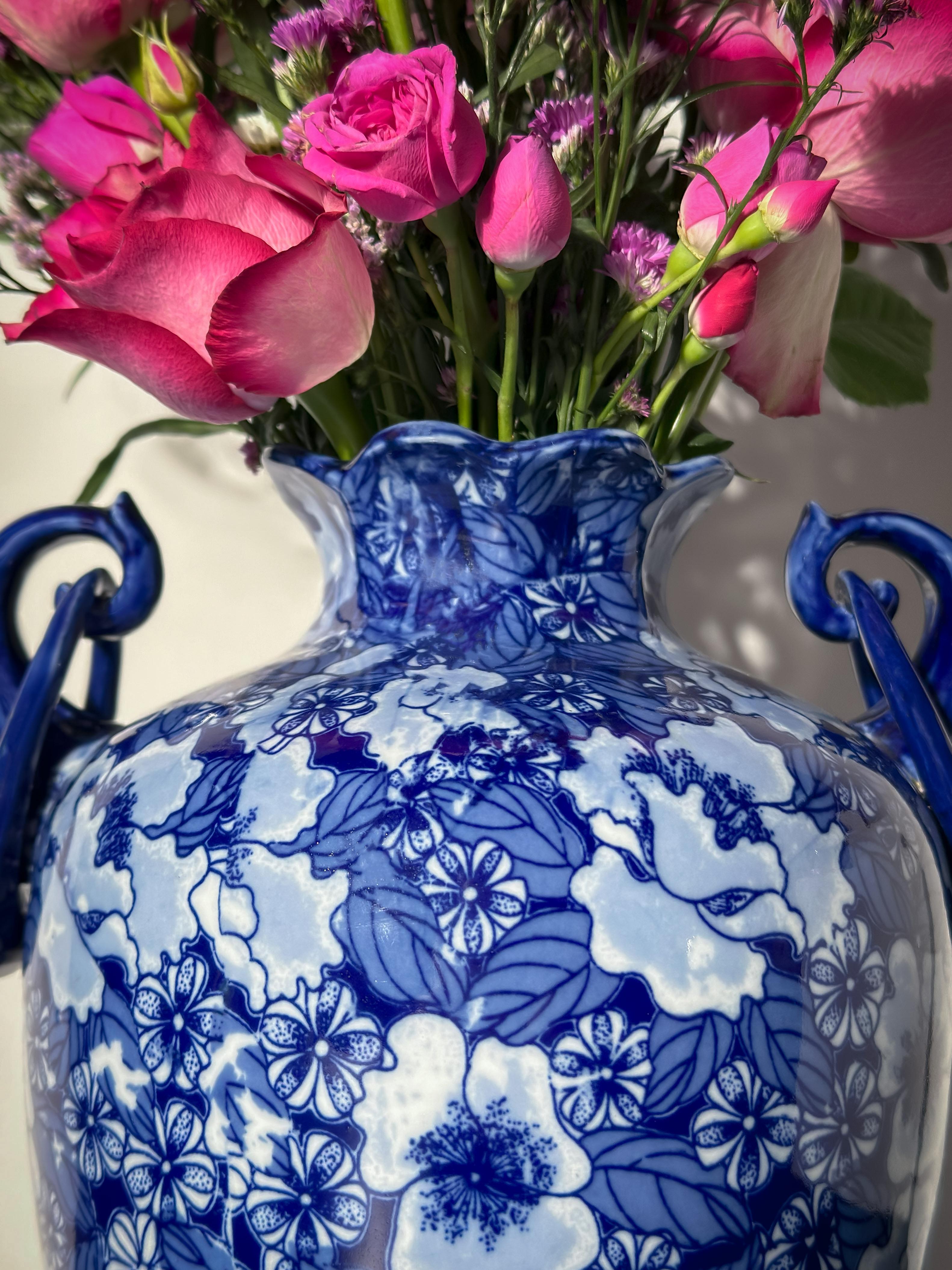 Cobalt Blue and White Double-Handled Urn Vase, Regency Ironstone, England 1