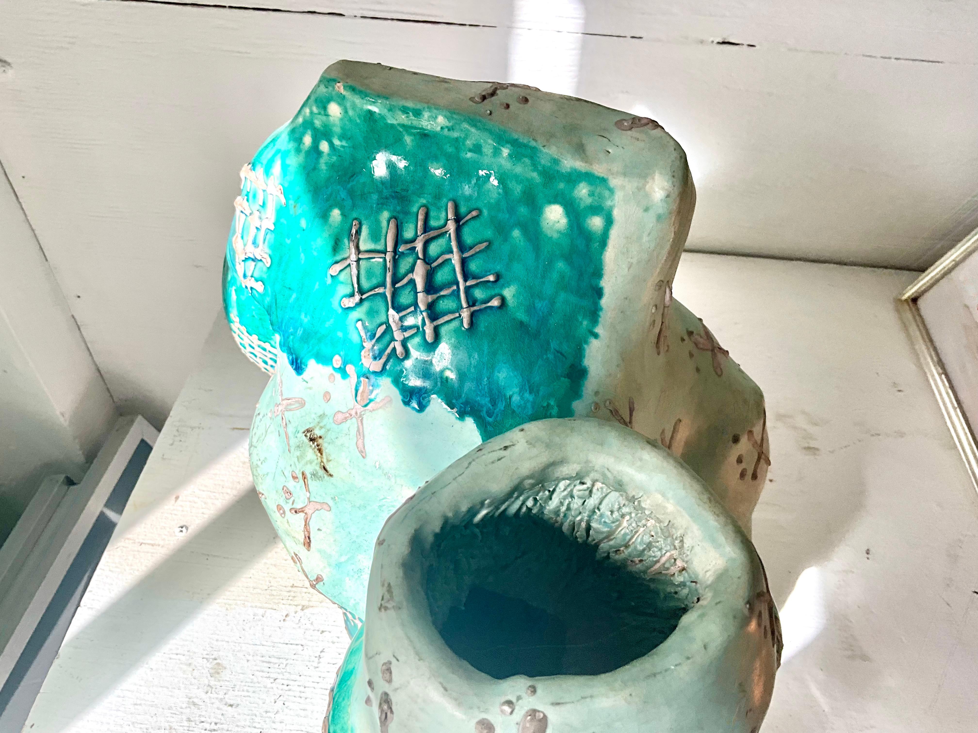 Americano Vaso in gesso a doppio collo blu e bianco in vendita