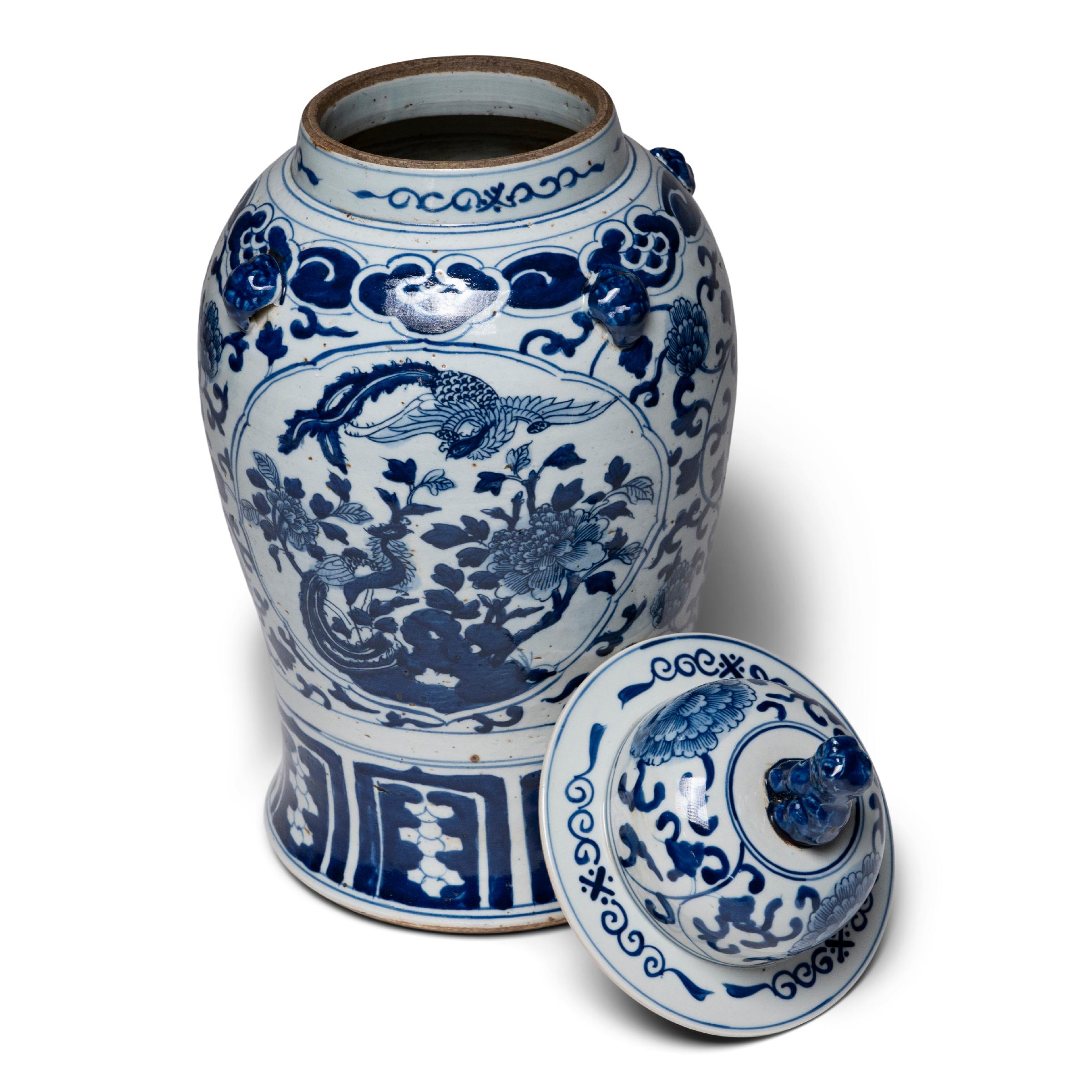 Contemporary Blue and White Double Phoenix Baluster Jar For Sale