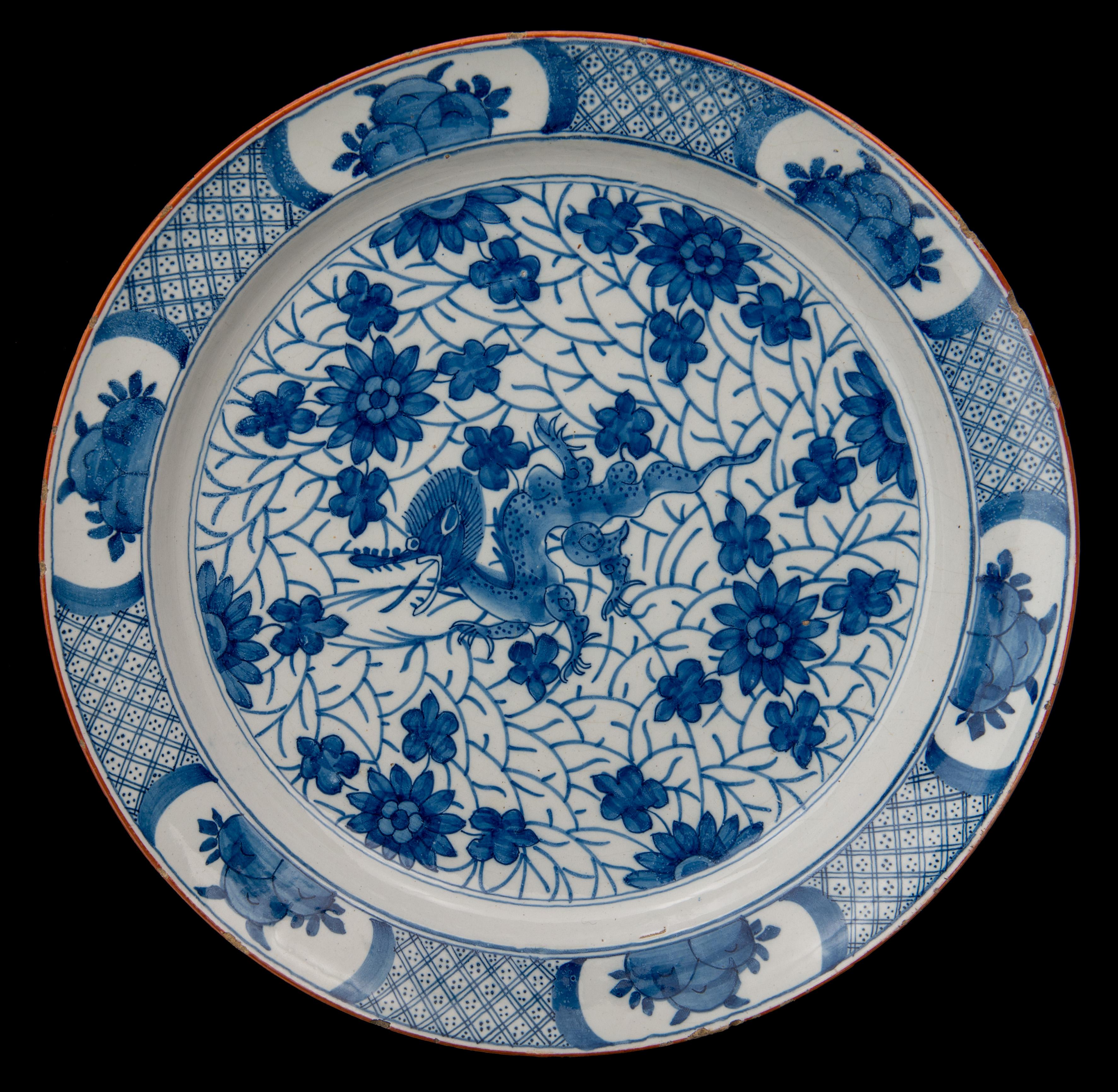 Dutch Blue and white dragon dish Delft, 1722-1757  The Greek A pottery For Sale