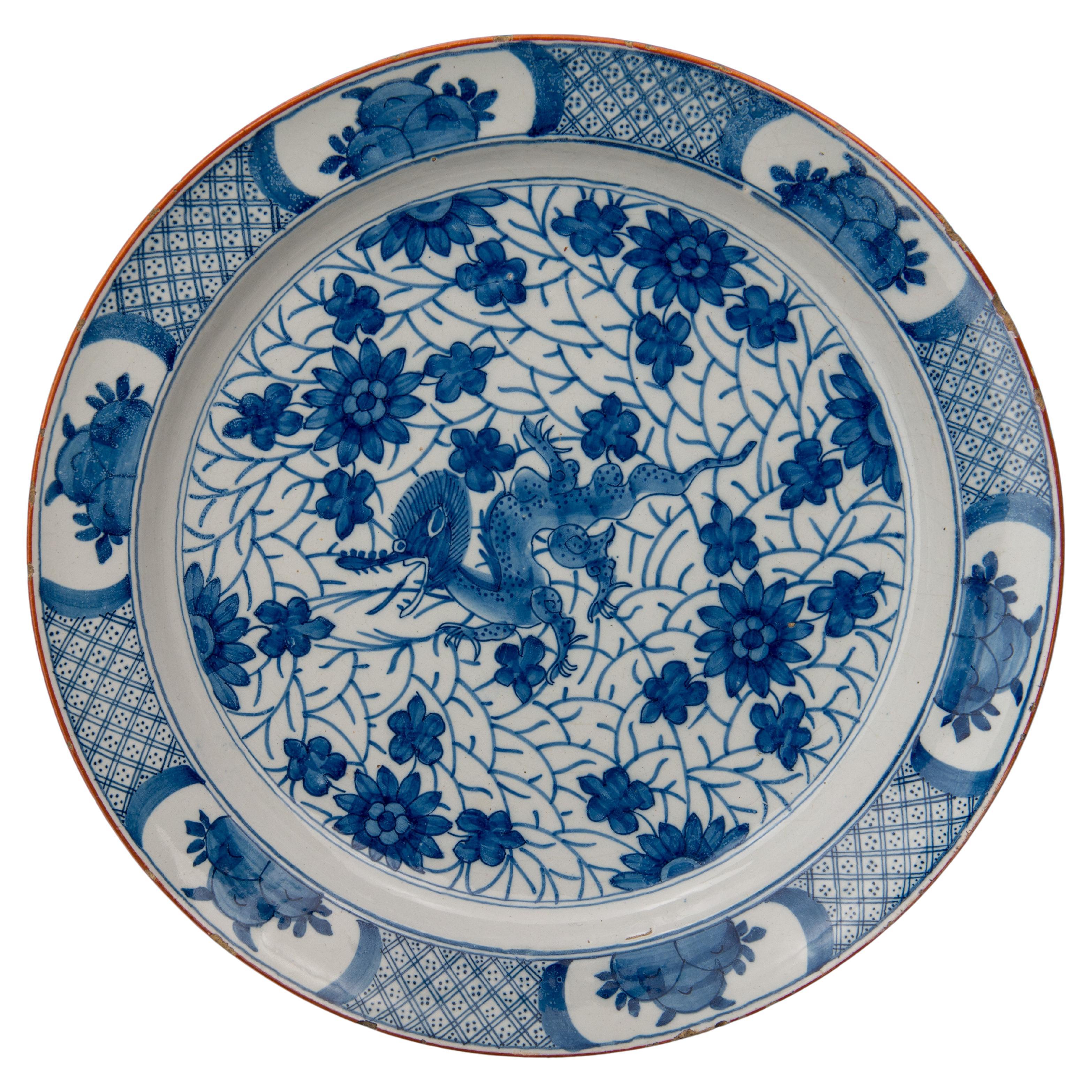 Blue and white dragon dish Delft, 1722-1757  The Greek A pottery For Sale