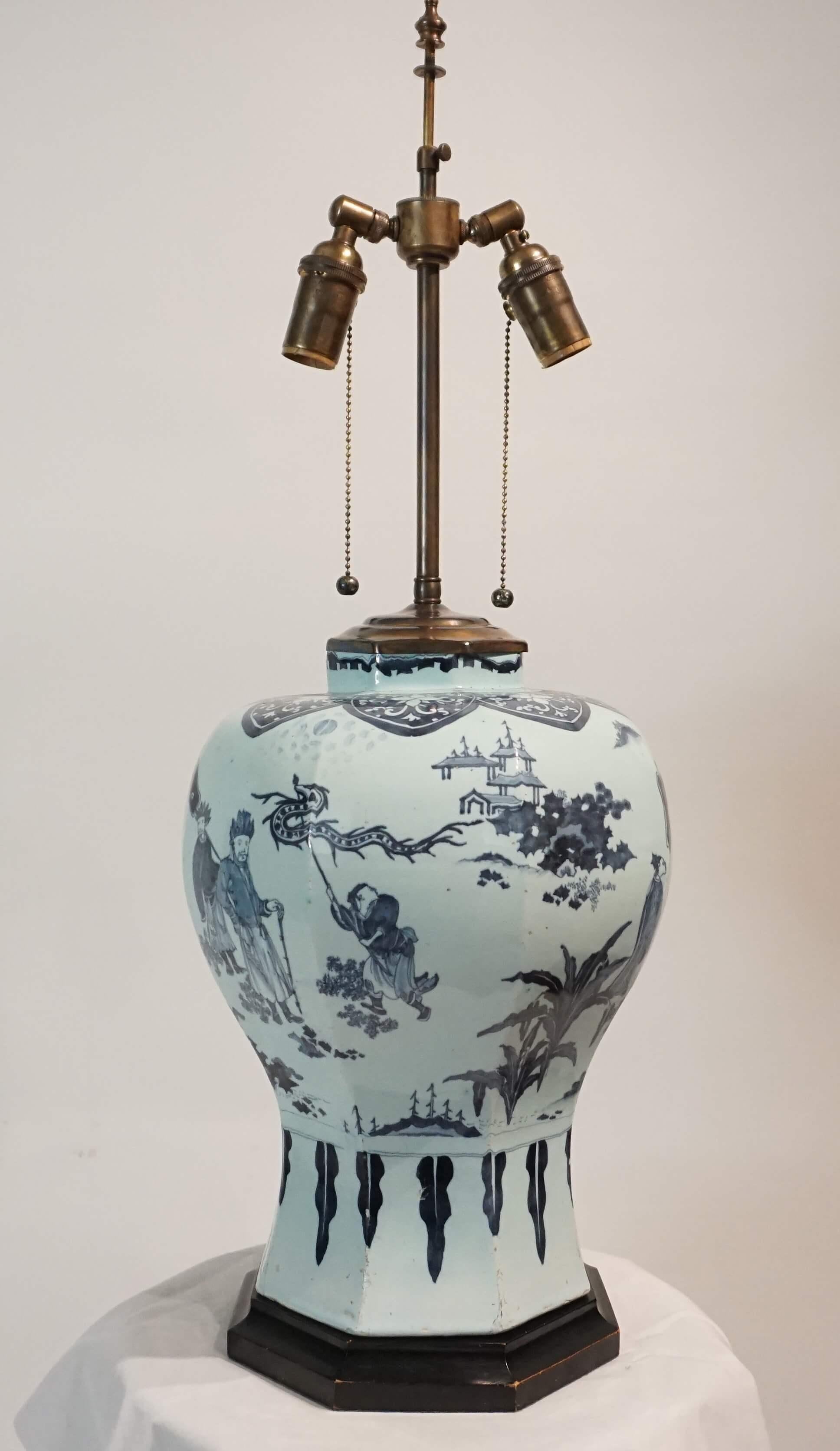 Painted Blue and White Dutch Delft Chinoiserie Baluster Vase Table Lamp, circa 1670