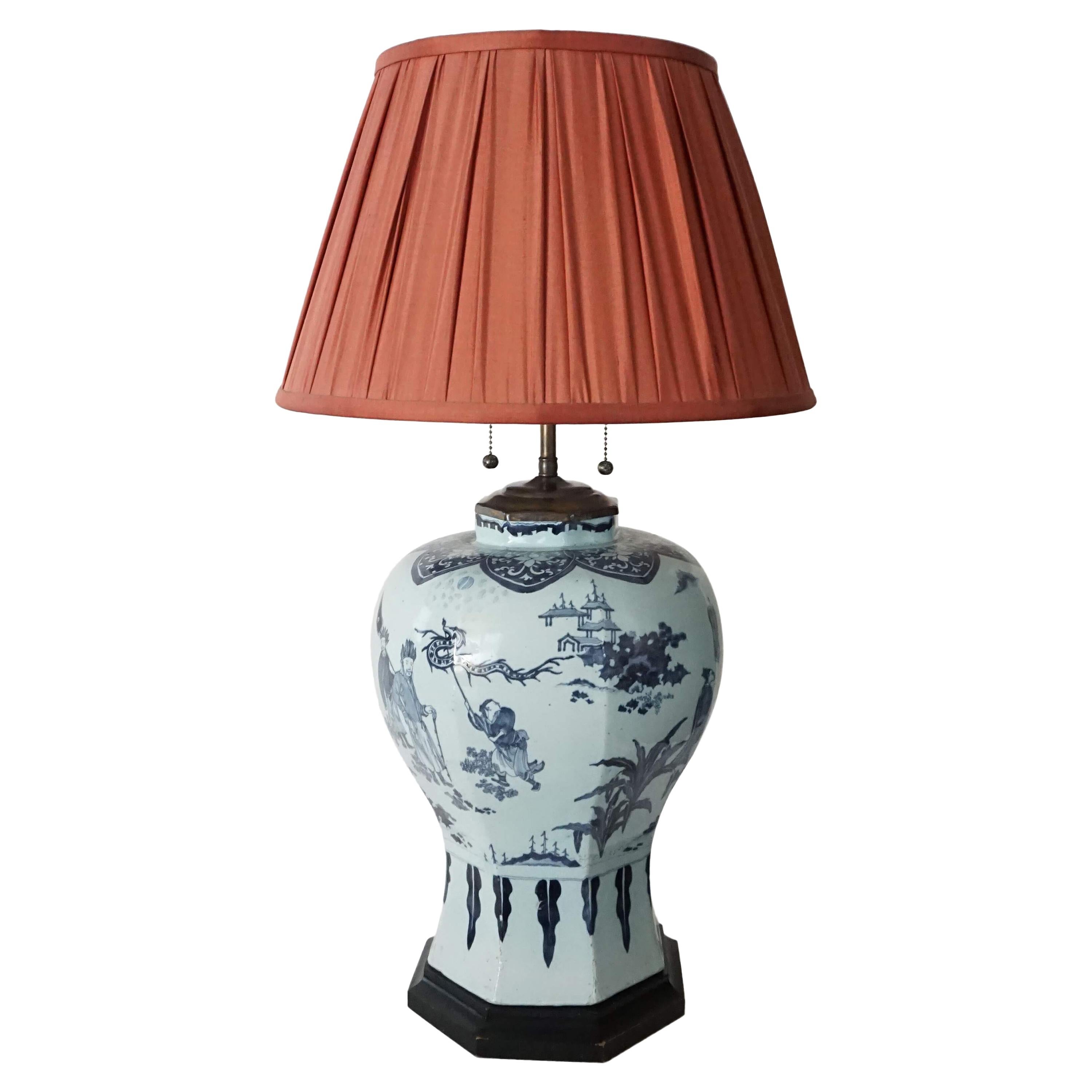 Blue and White Dutch Delft Chinoiserie Baluster Vase Table Lamp, circa 1670