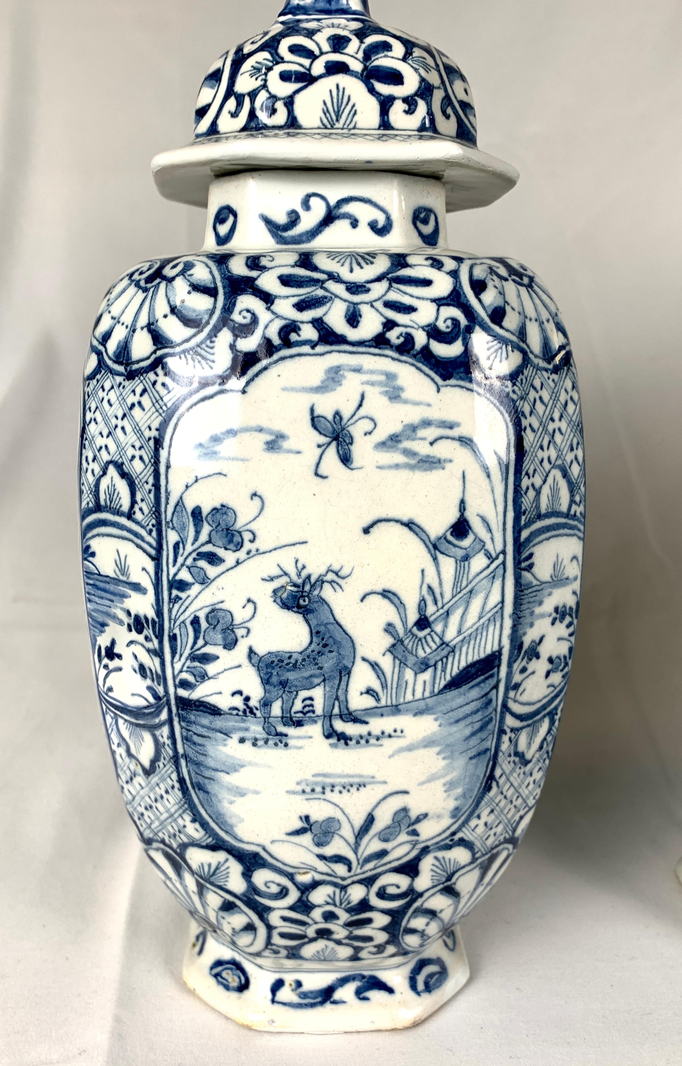Blue and White Dutch Delft Five Piece Garniture Hand Painted 18th Century C-1760 For Sale 2