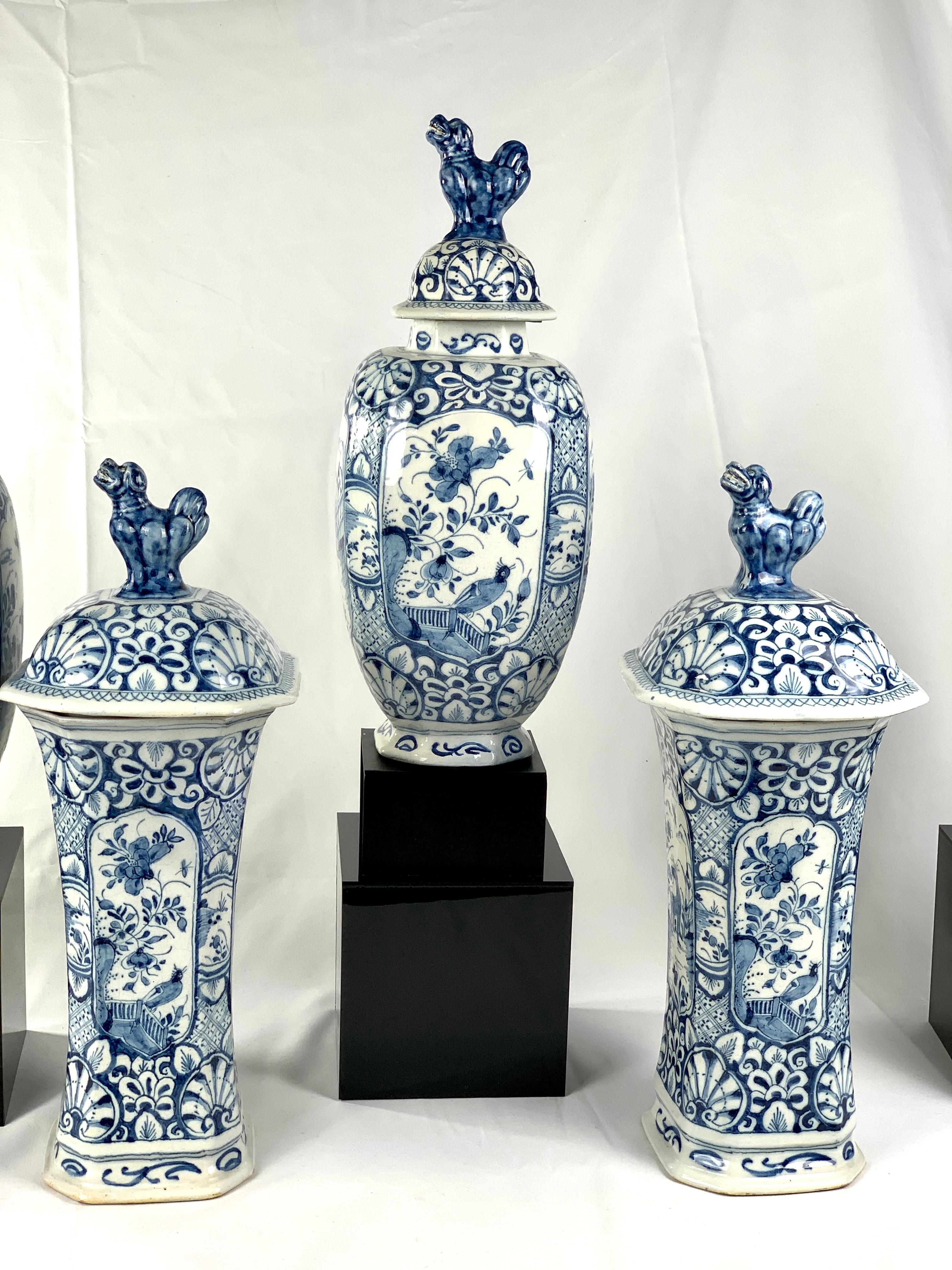 Blue and White Dutch Delft Five Piece Garniture Hand Painted 18th Century C-1760 For Sale 7