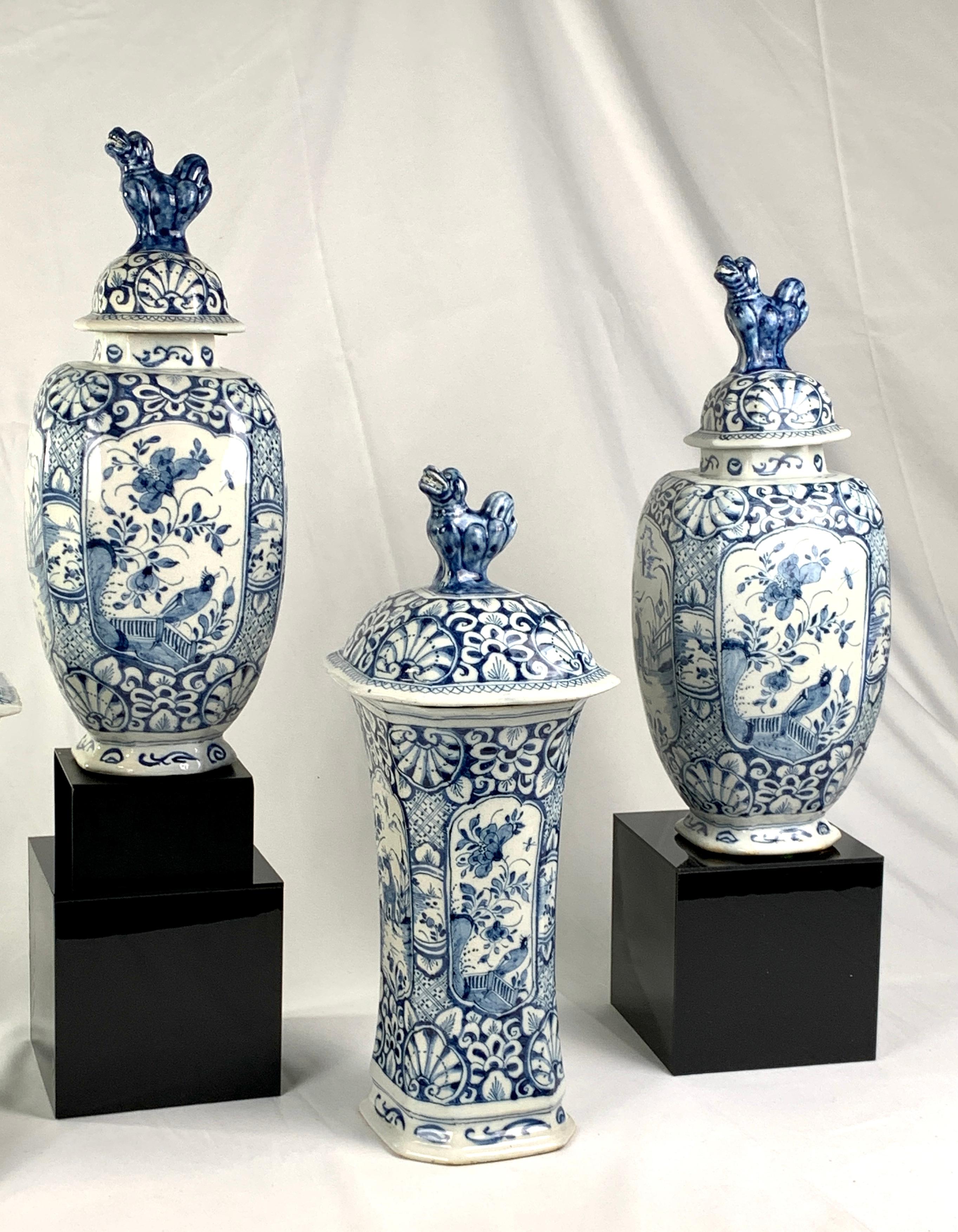 Blue and White Dutch Delft Five Piece Garniture Hand Painted 18th Century C-1760 For Sale 8