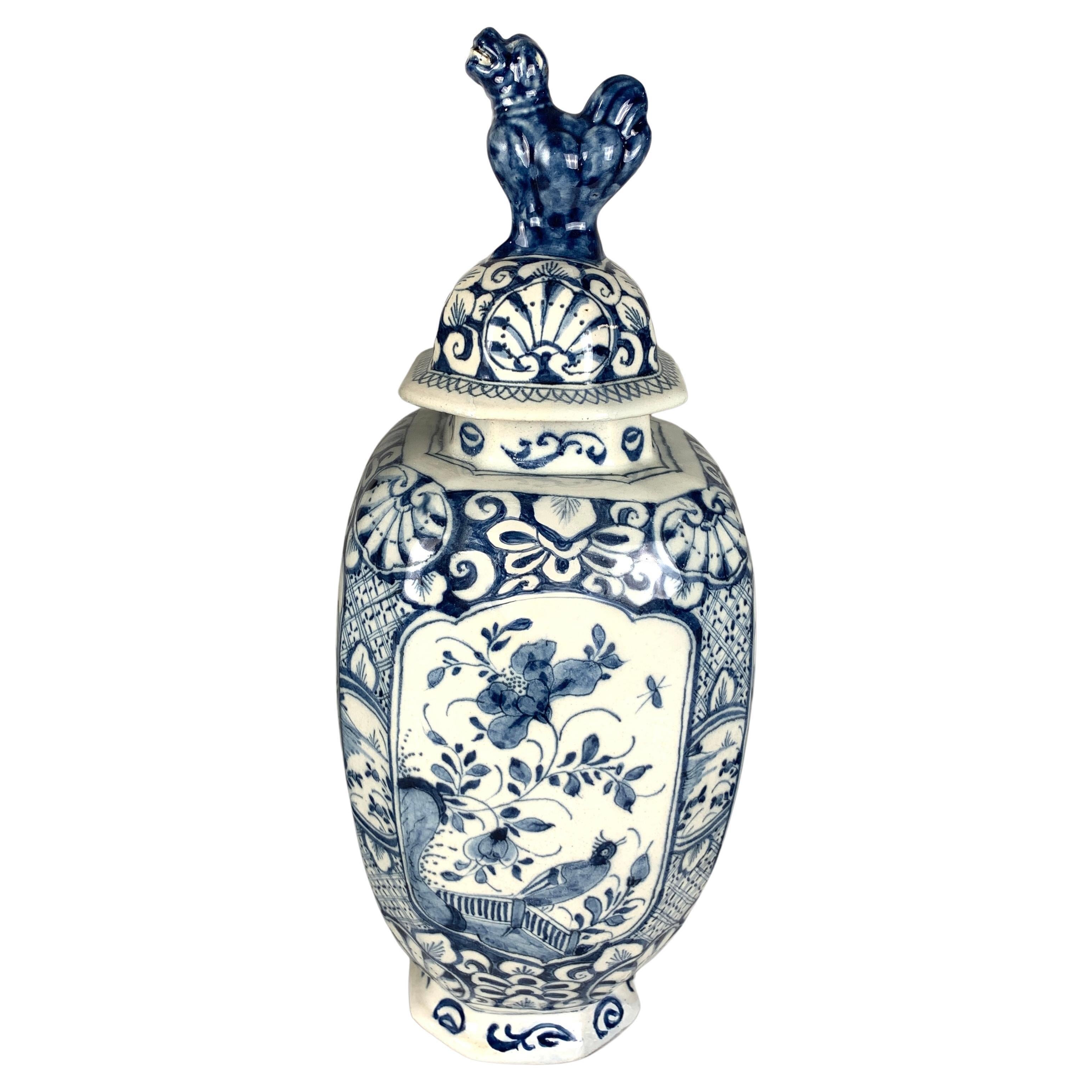 Chinoiserie Blue and White Dutch Delft Five Piece Garniture Hand Painted 18th Century C-1760 For Sale