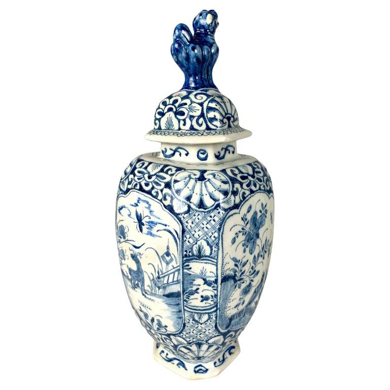Blue and White Dutch Delft Five Piece Garniture Hand Painted 18th Century C-1760 In Good Condition For Sale In Katonah, NY