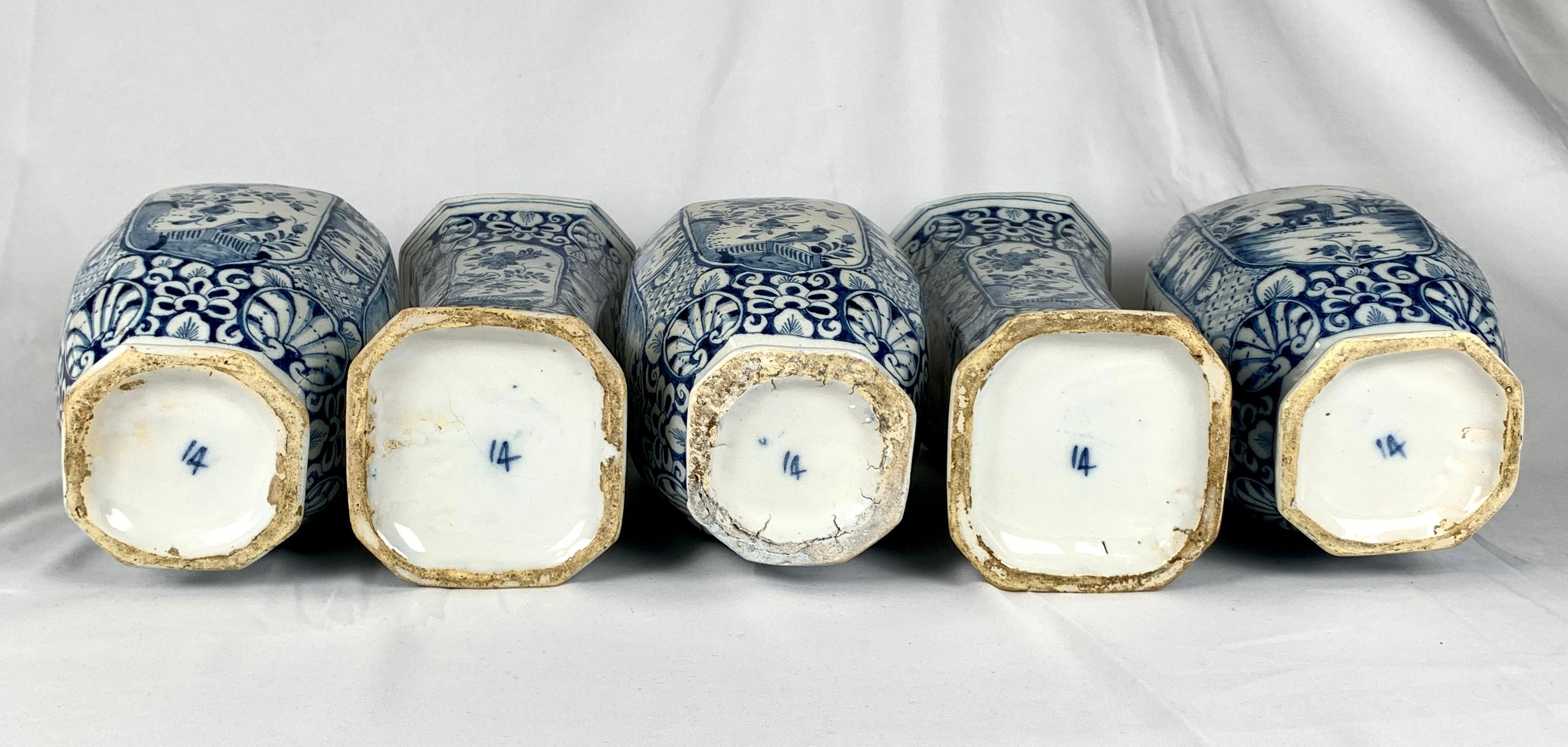 Blue and White Dutch Delft Five Piece Garniture Hand Painted 18th Century C-1760 For Sale 9
