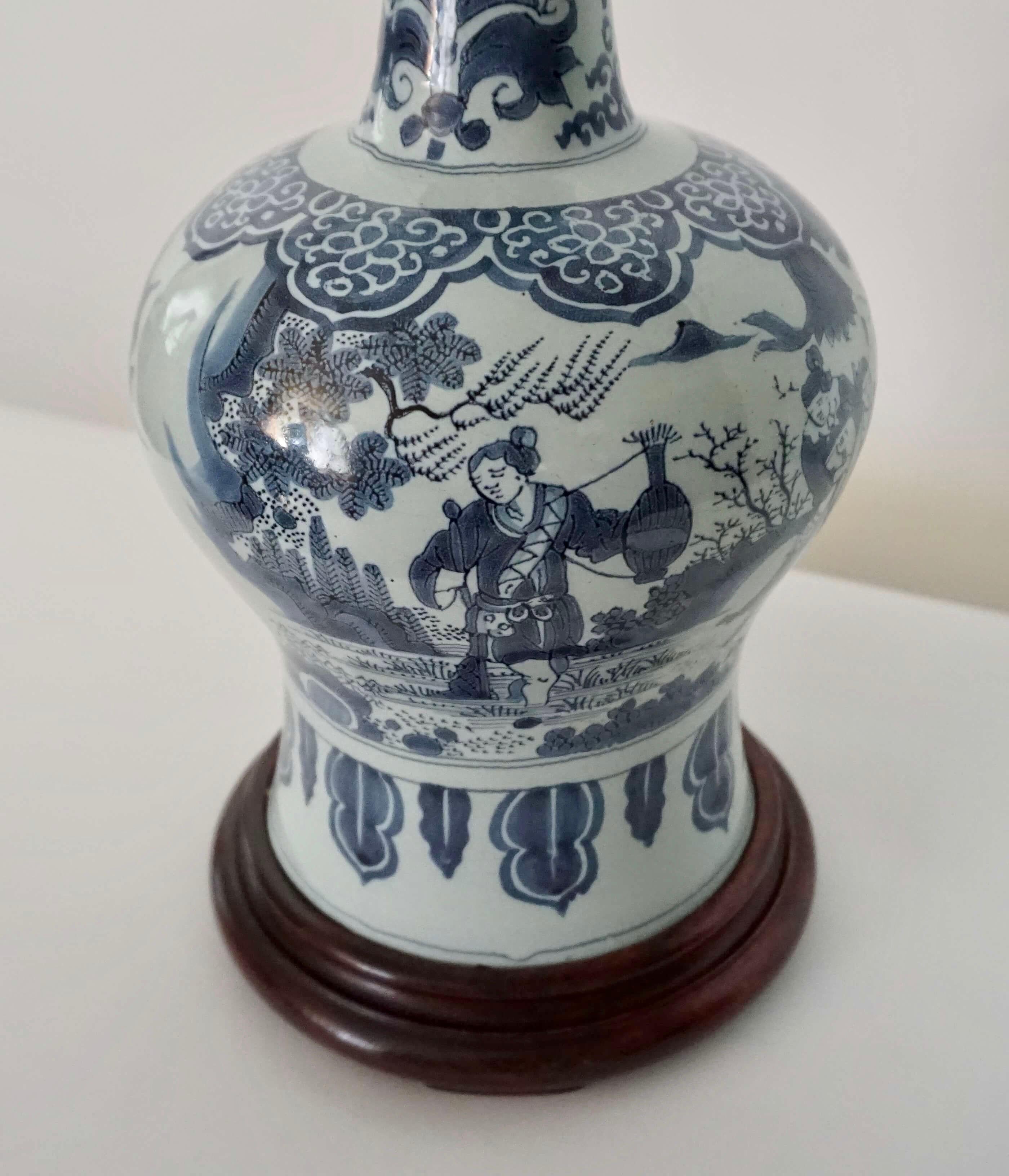 Hand-Painted Blue and White Dutch Delft Garlic Neck Vase now Table Lamp, circa 1700
