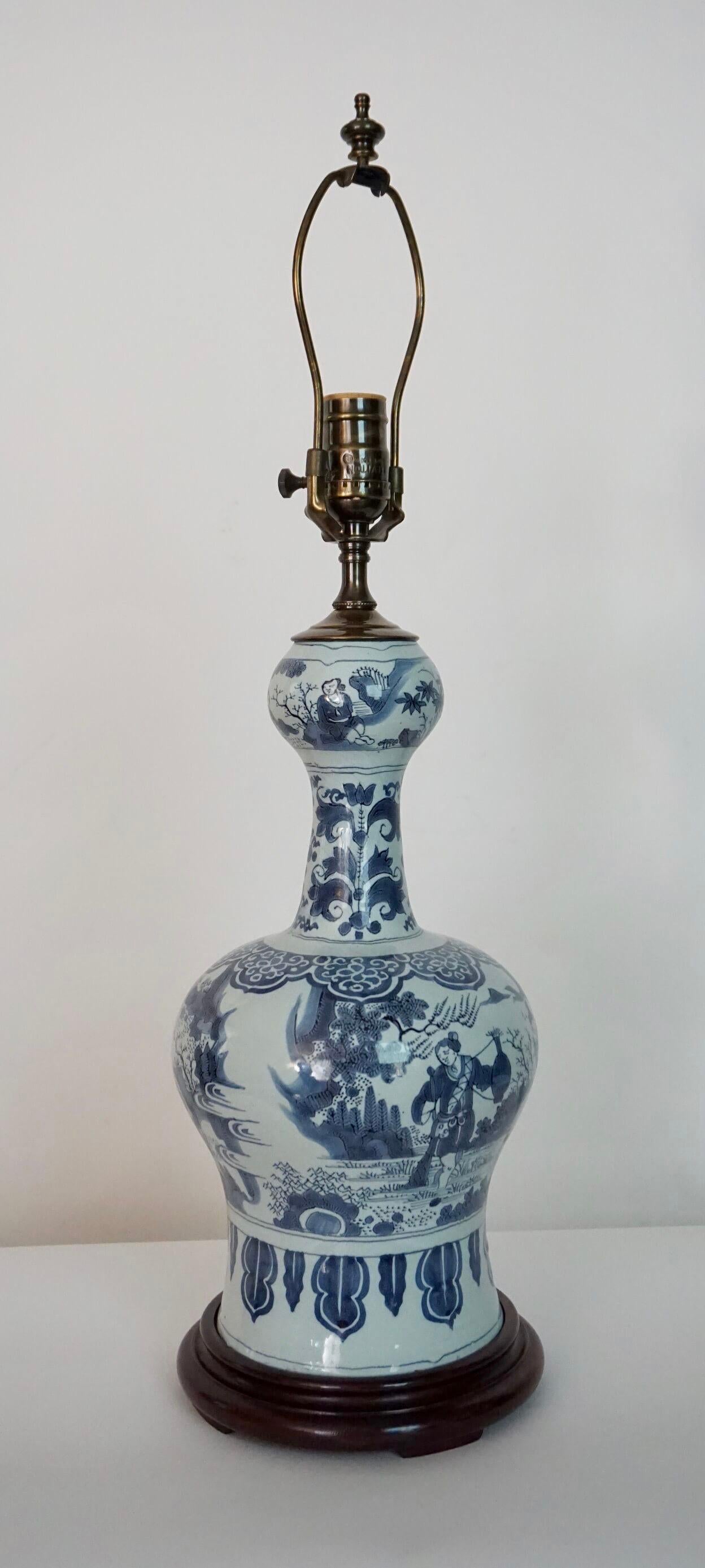 Brass Blue and White Dutch Delft Garlic Neck Vase now Table Lamp, circa 1700