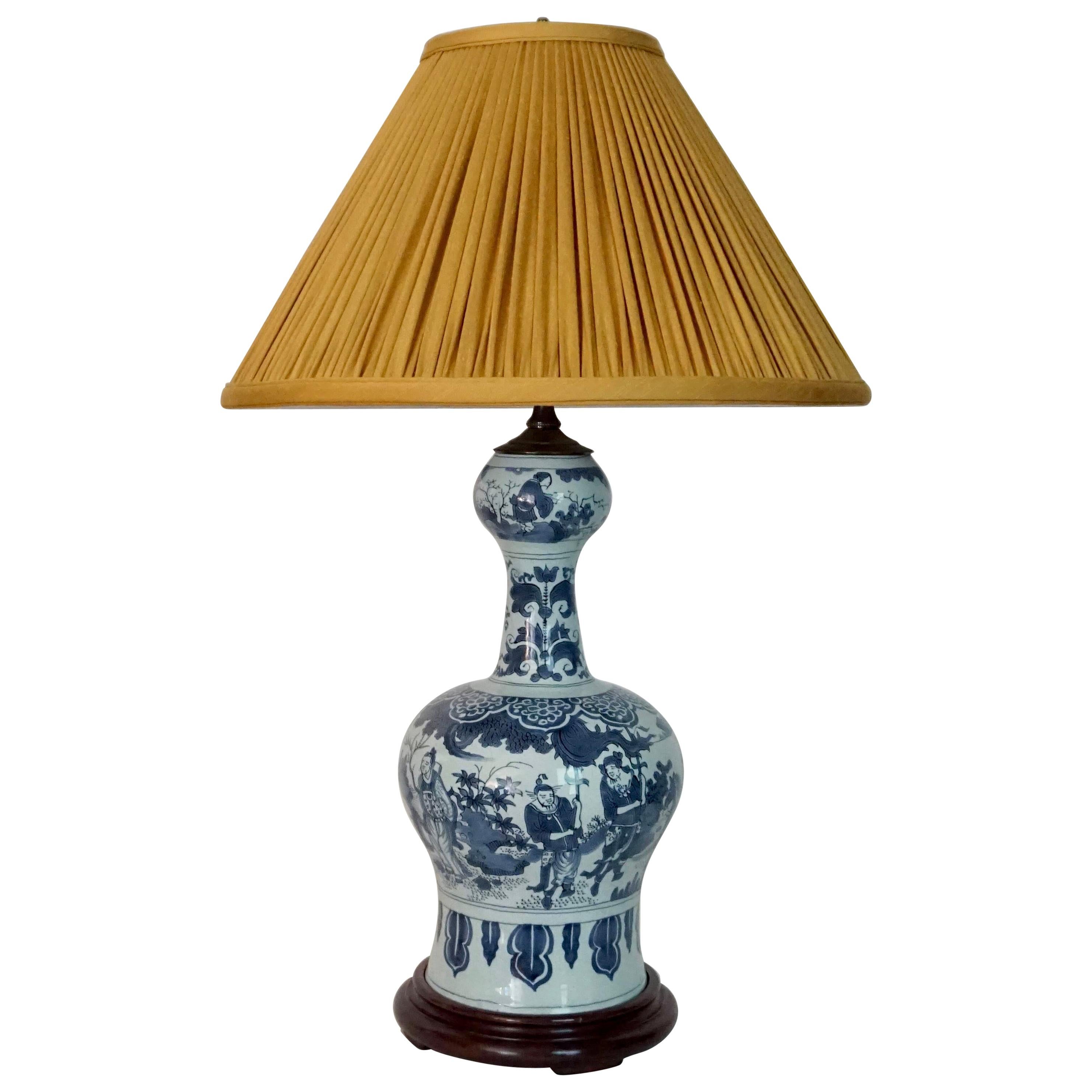 Blue and White Dutch Delft Garlic Neck Vase now Table Lamp, circa 1700