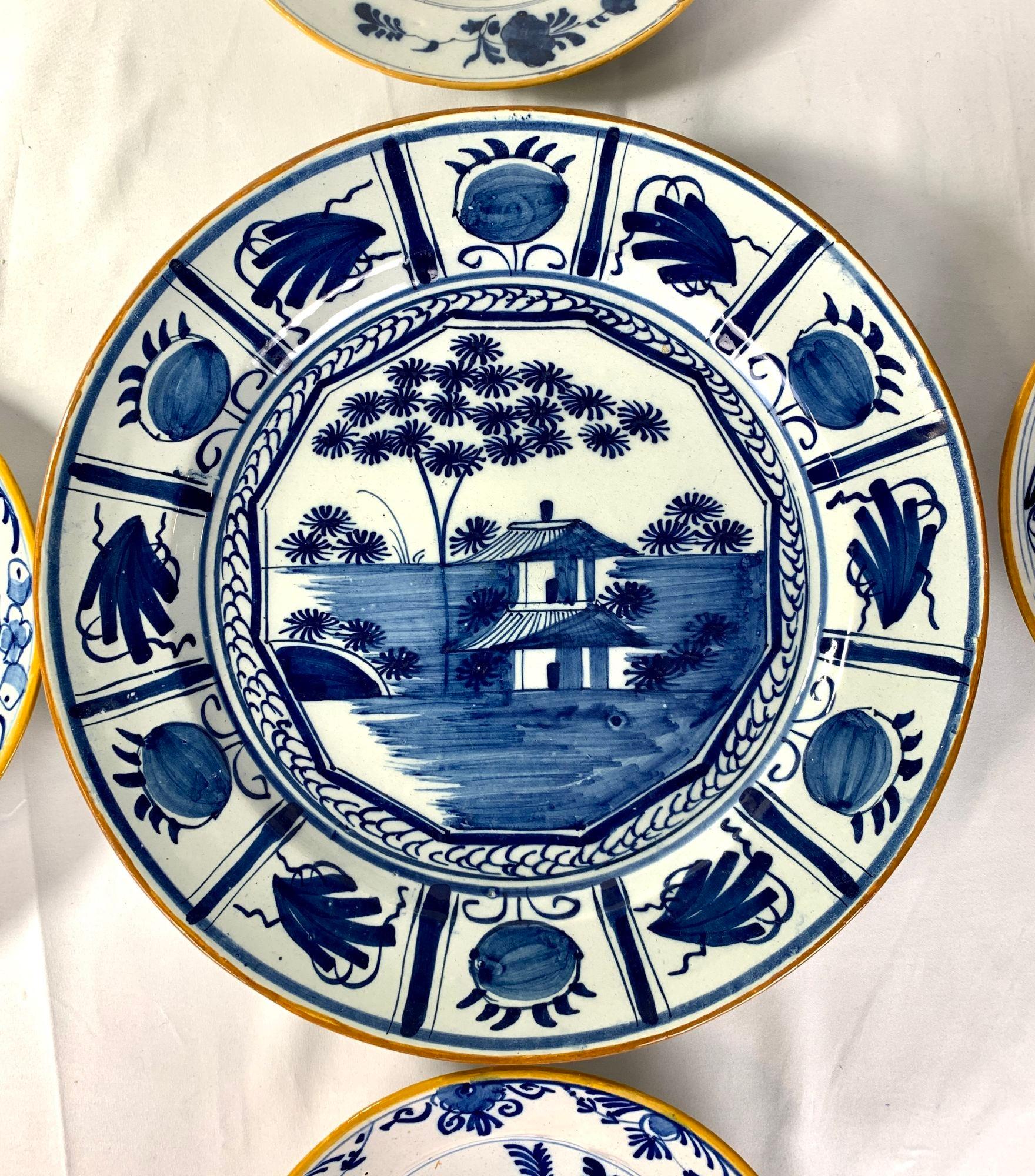 Chinoiserie Blue and White Dutch Delft Hand Painted Charger and Four Plates Made 1780-1800 For Sale