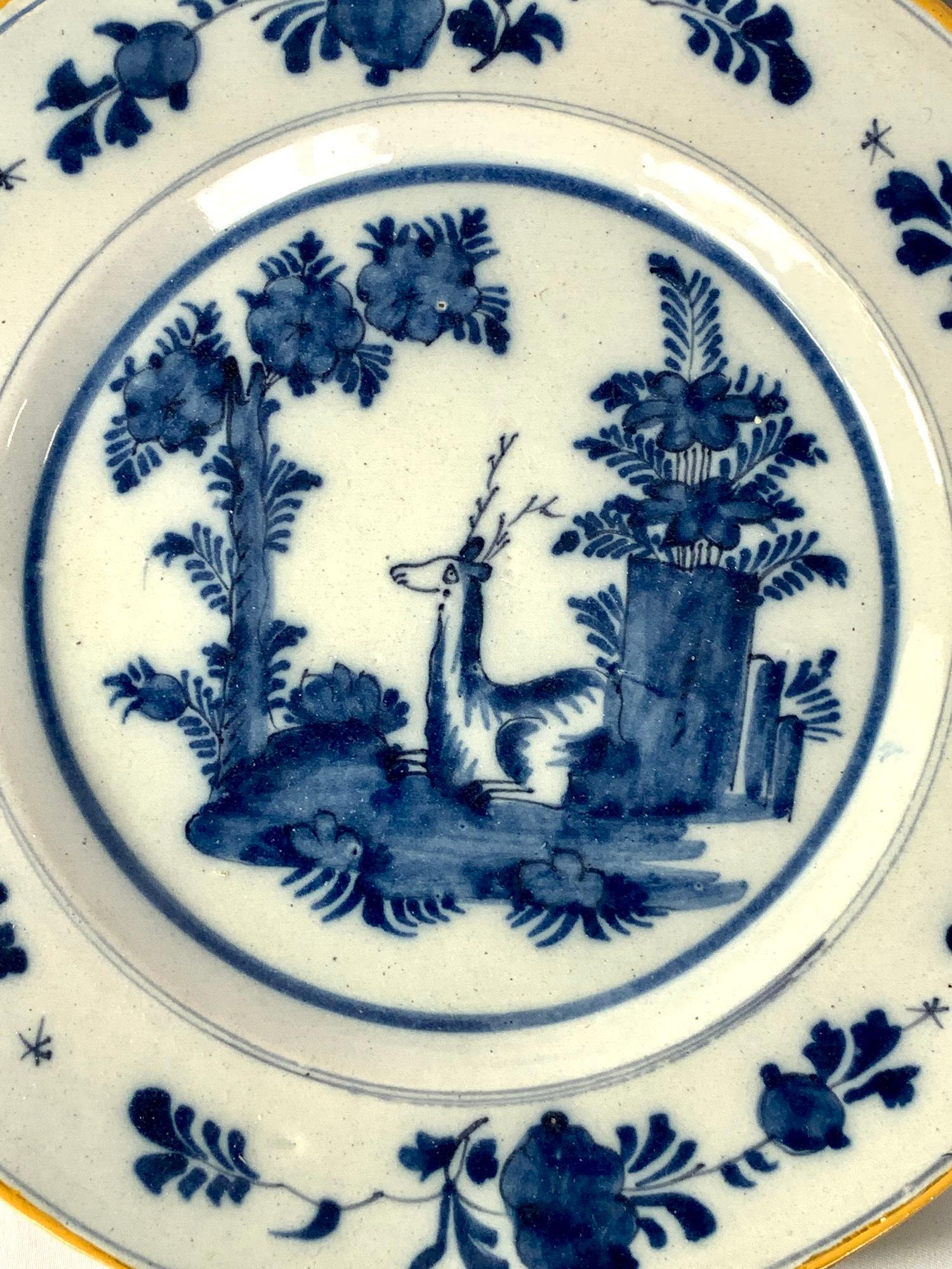 18th Century Blue and White Dutch Delft Hand Painted Charger and Four Plates Made 1780-1800 For Sale