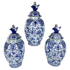 Blue and White Dutch Delft Jars Set of 3 Hand Painted Circa 1860