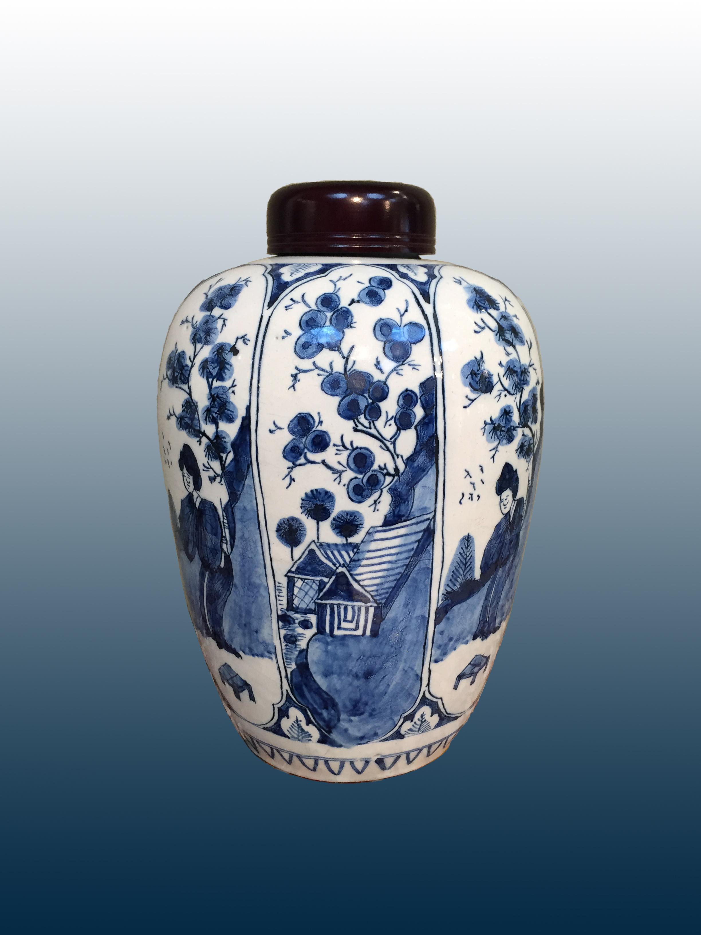Fired Blue and White Dutch Delft Lidded Jar in Chinoiserie, Early 18th Century For Sale