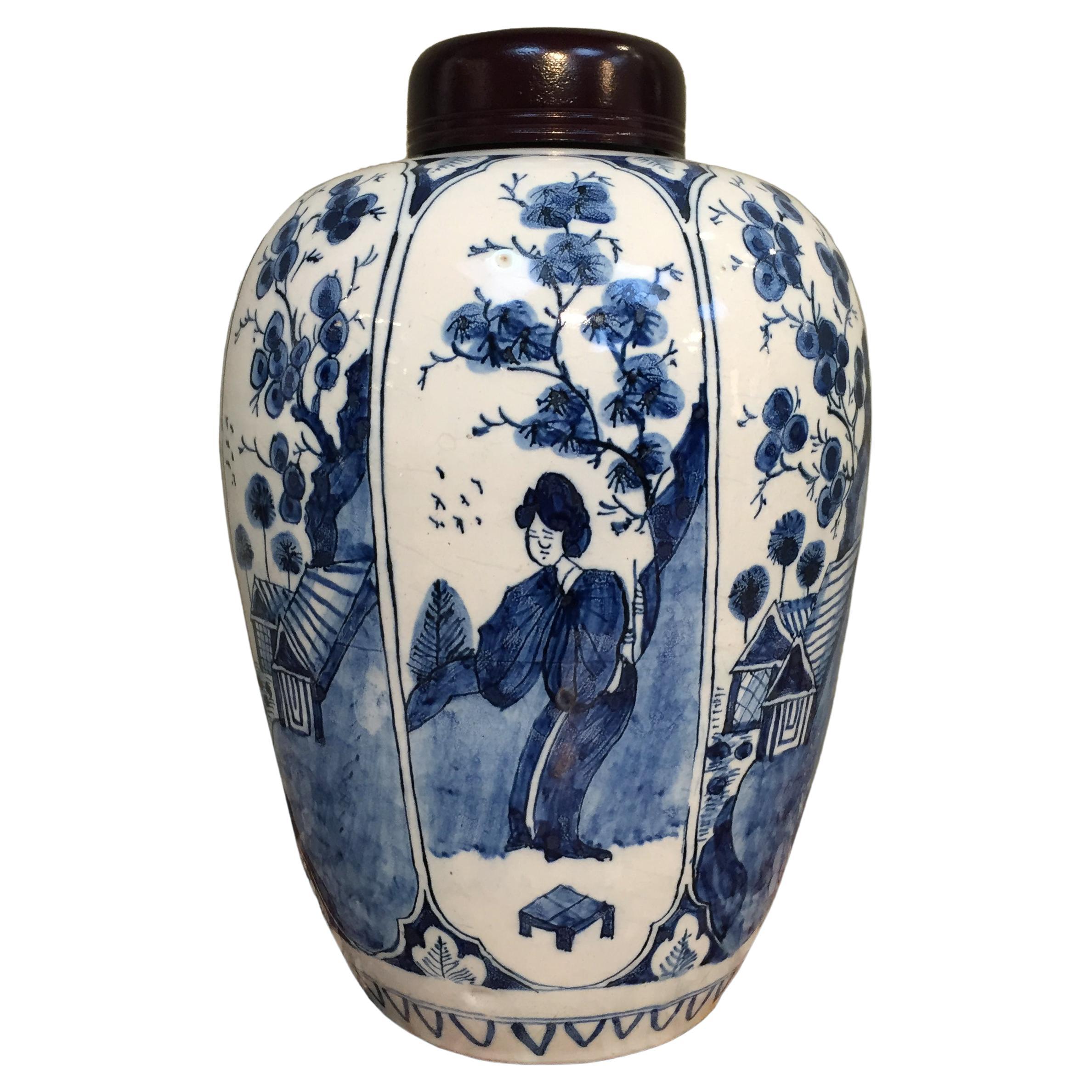 Blue and White Dutch Delft Lidded Jar in Chinoiserie, Early 18th Century
