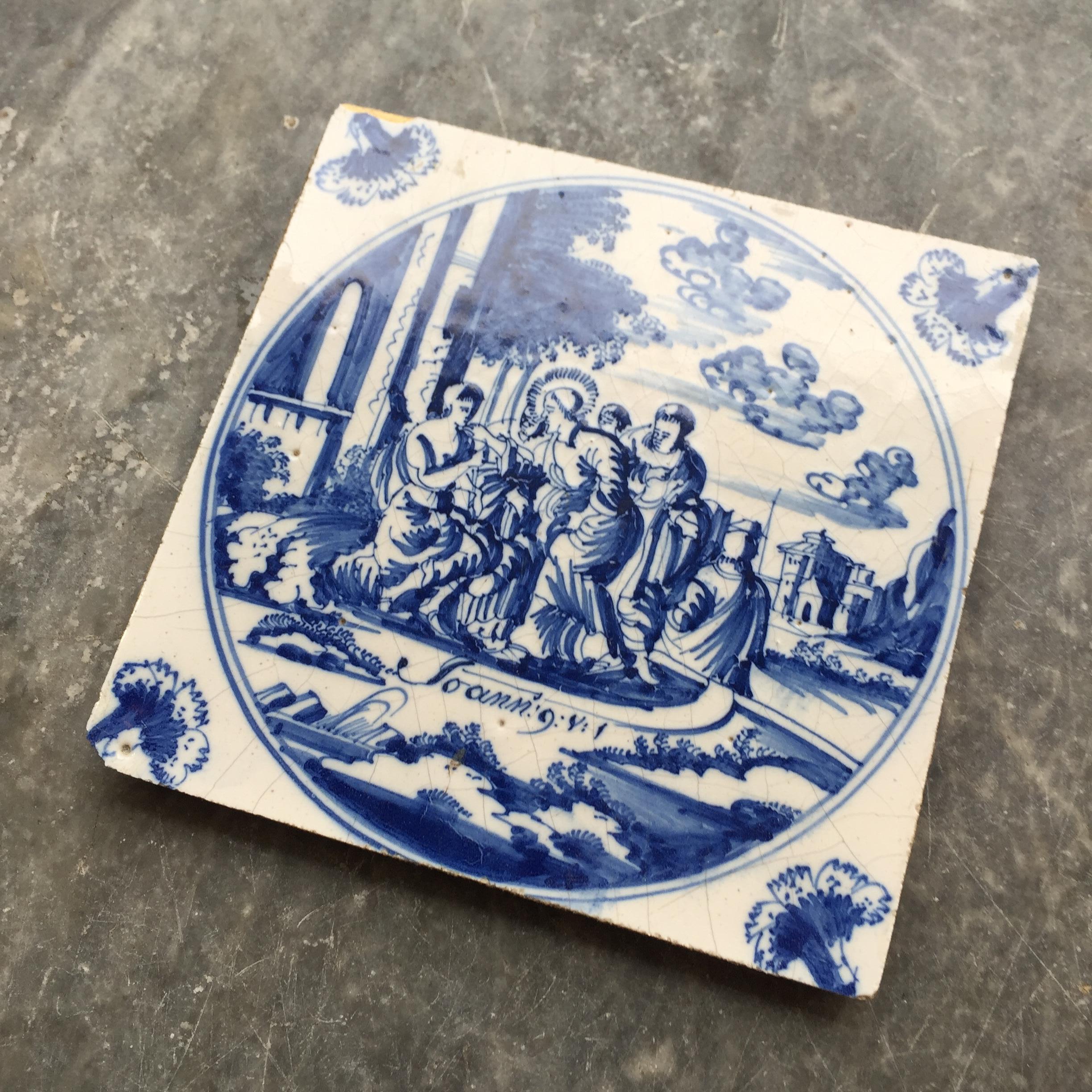 Baroque Blue and White Dutch Delft Tile: John 9 v 1, Jesus cures blindness, 18th Century For Sale