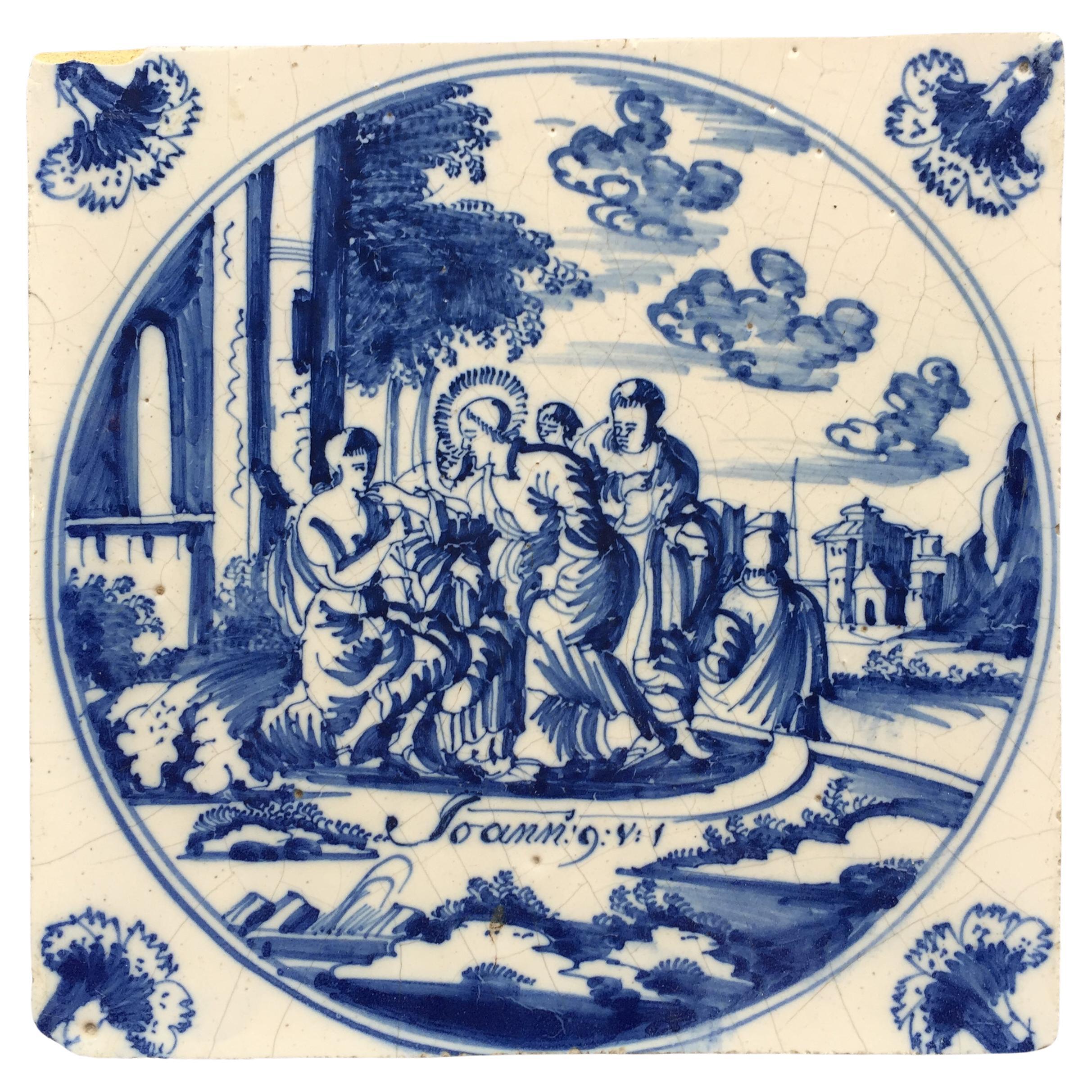 Blue and White Dutch Delft Tile: John 9 v 1, Jesus cures blindness, 18th Century For Sale