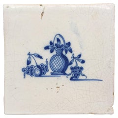 Blue and White Dutch Delft Tile: Stil life with vase and fruit, 17th Century