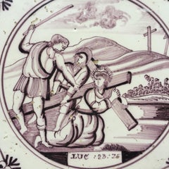 Blue and White Dutch Delft Tile: The Carrying of the Cross, 18th Century