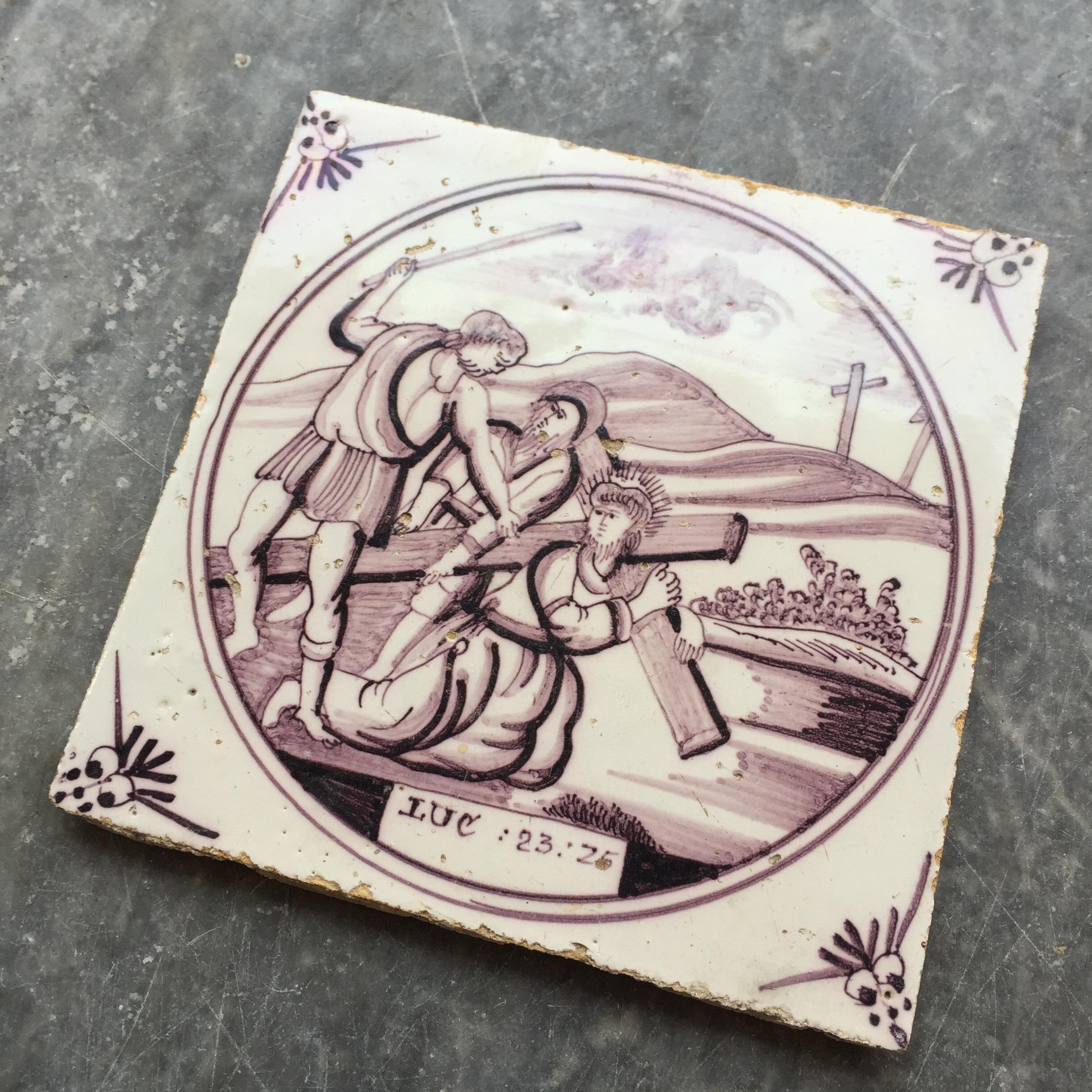 Fired Blue and White Dutch Delft Tile: The Carrying of the Cross, 18th Century For Sale
