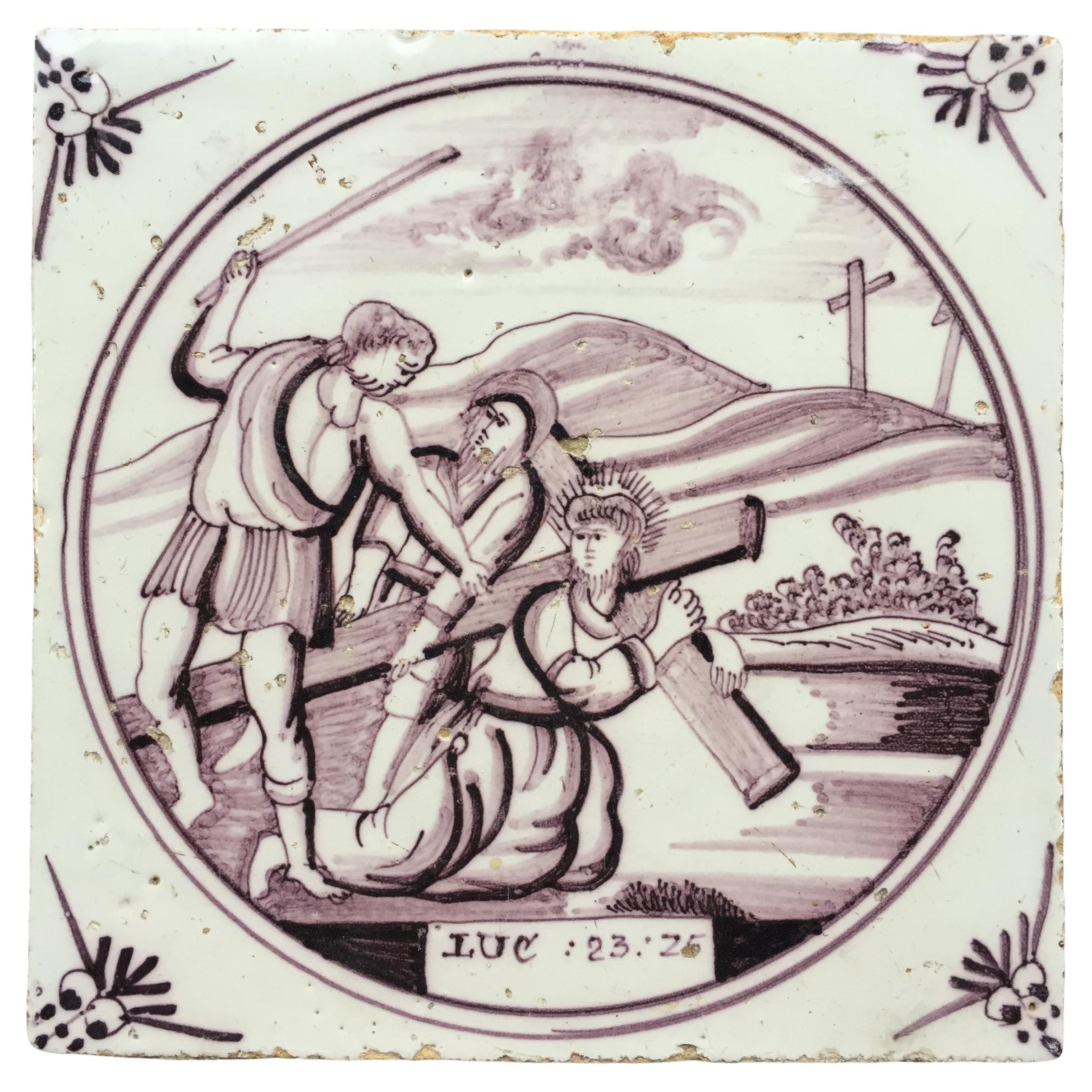 Blue and White Dutch Delft Tile: The Carrying of the Cross, 18th Century For Sale