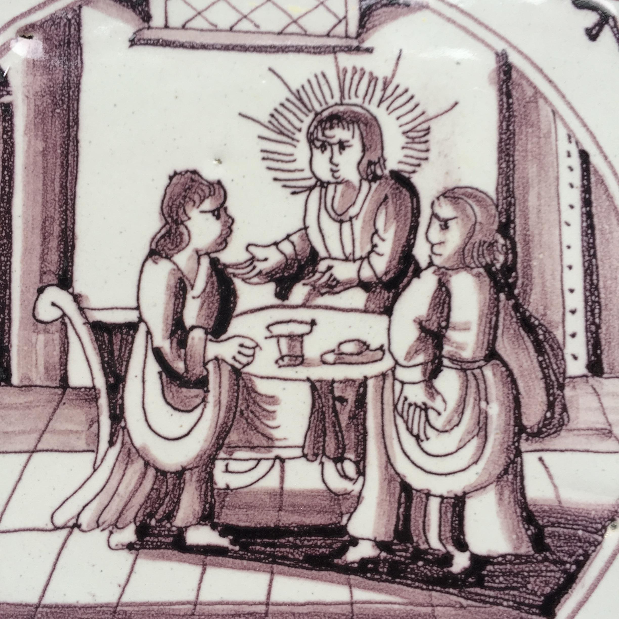 Blau-weiße holländische Delft-Kachel: The supper at Emmaus, 18. Jahrhundert (Barock) im Angebot