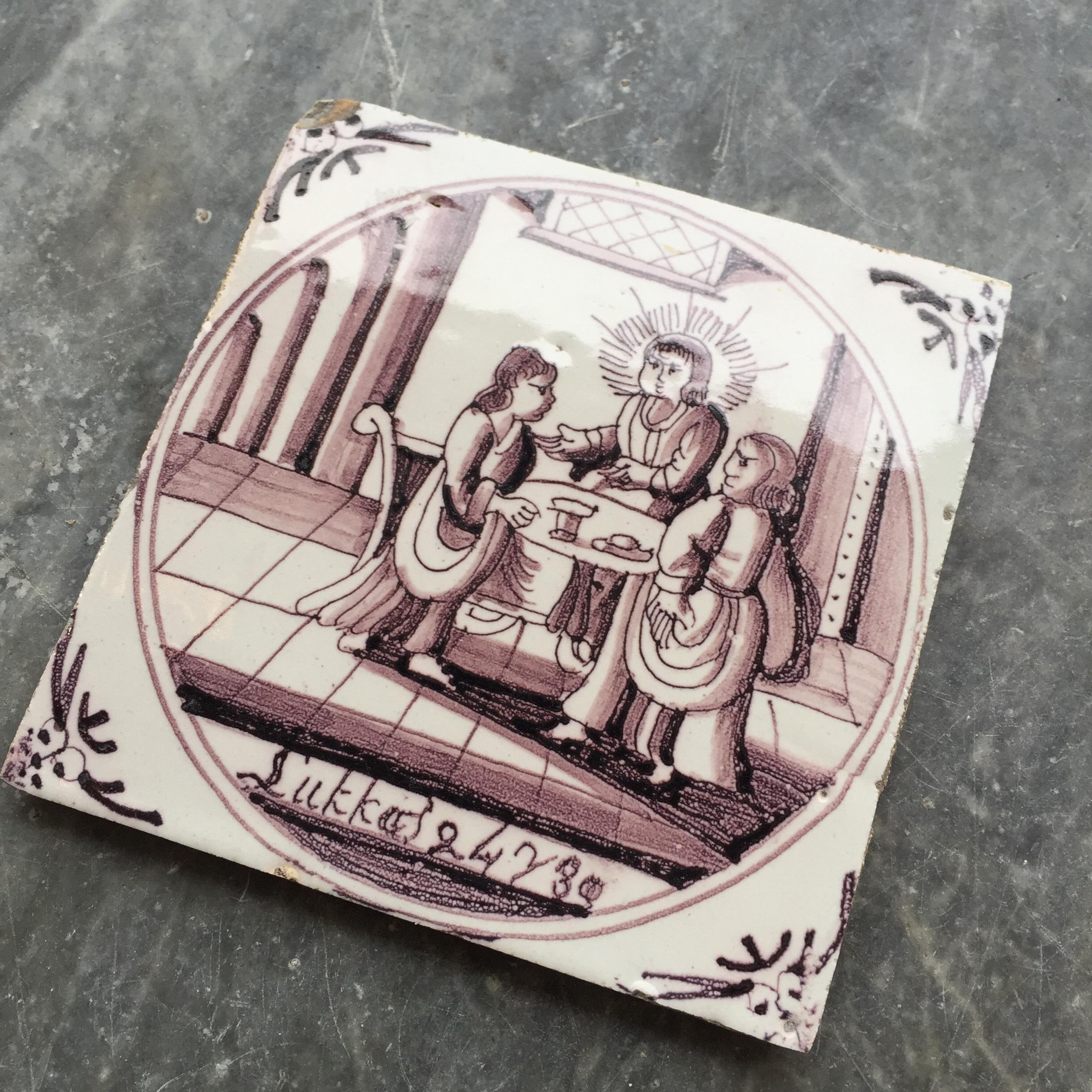 Fired Blue and White Dutch Delft Tile: The supper at Emmaus, 18th Century