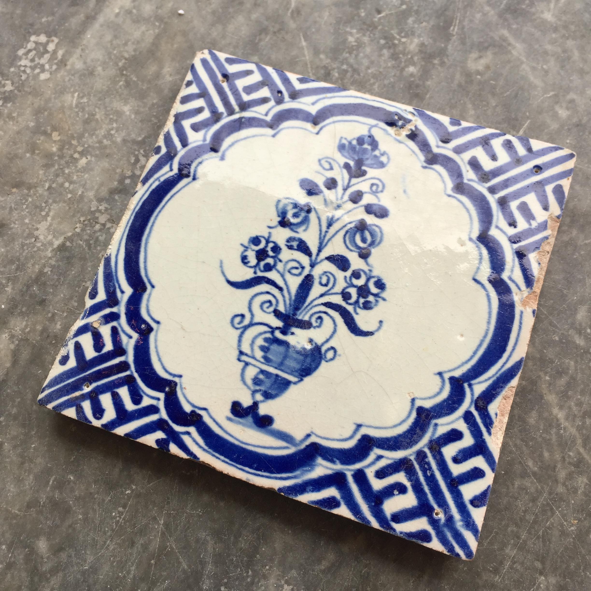 Baroque Blue and White Dutch Delft Tile: Vase with flowers, 17th Century For Sale