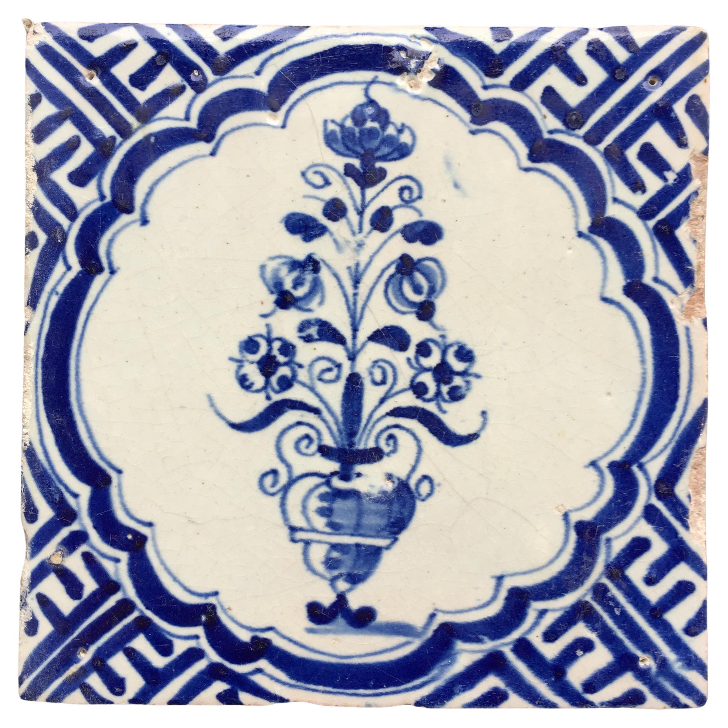 Blue and White Dutch Delft Tile: Vase with flowers, 17th Century For Sale