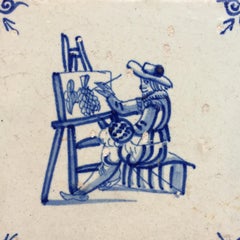 Blue and White Dutch Delft Tile with Artist, Mid 17th Century